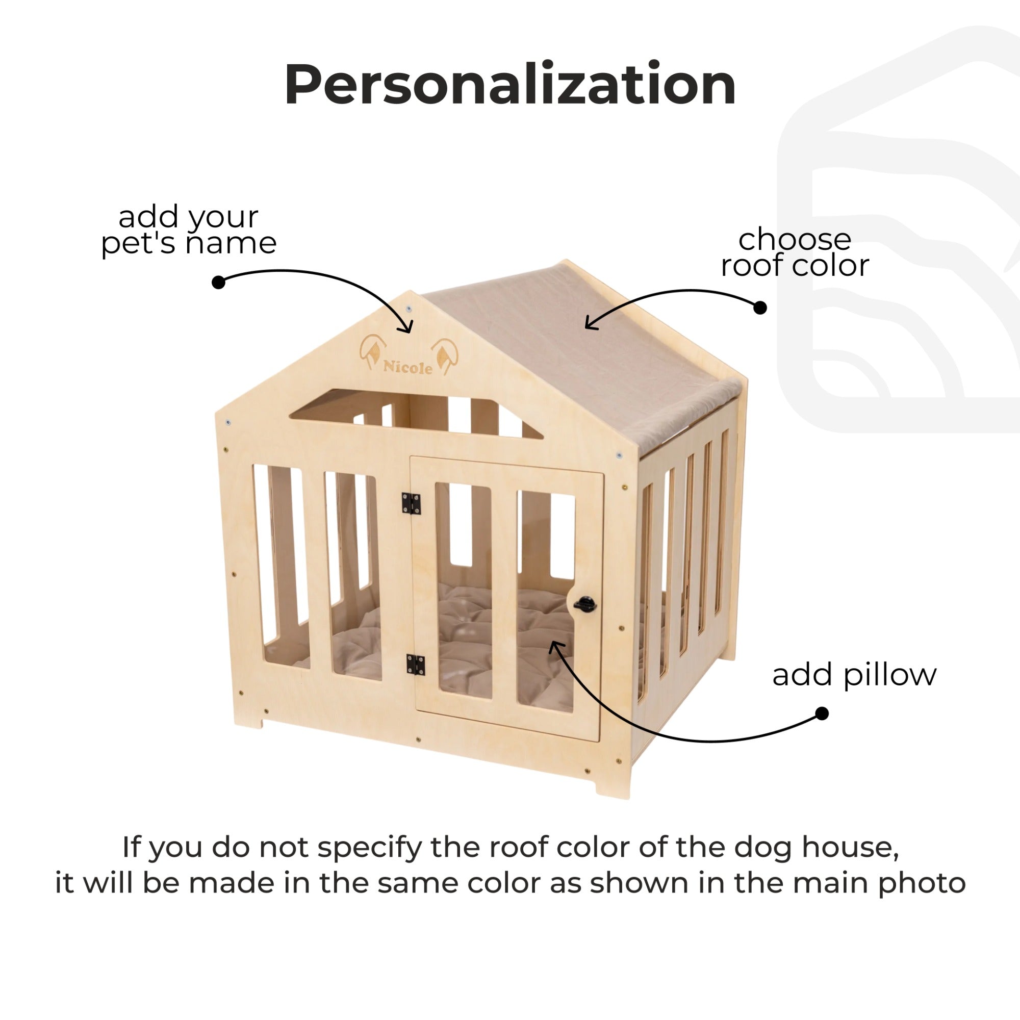 Wooden pet crate with customizable features on a white background