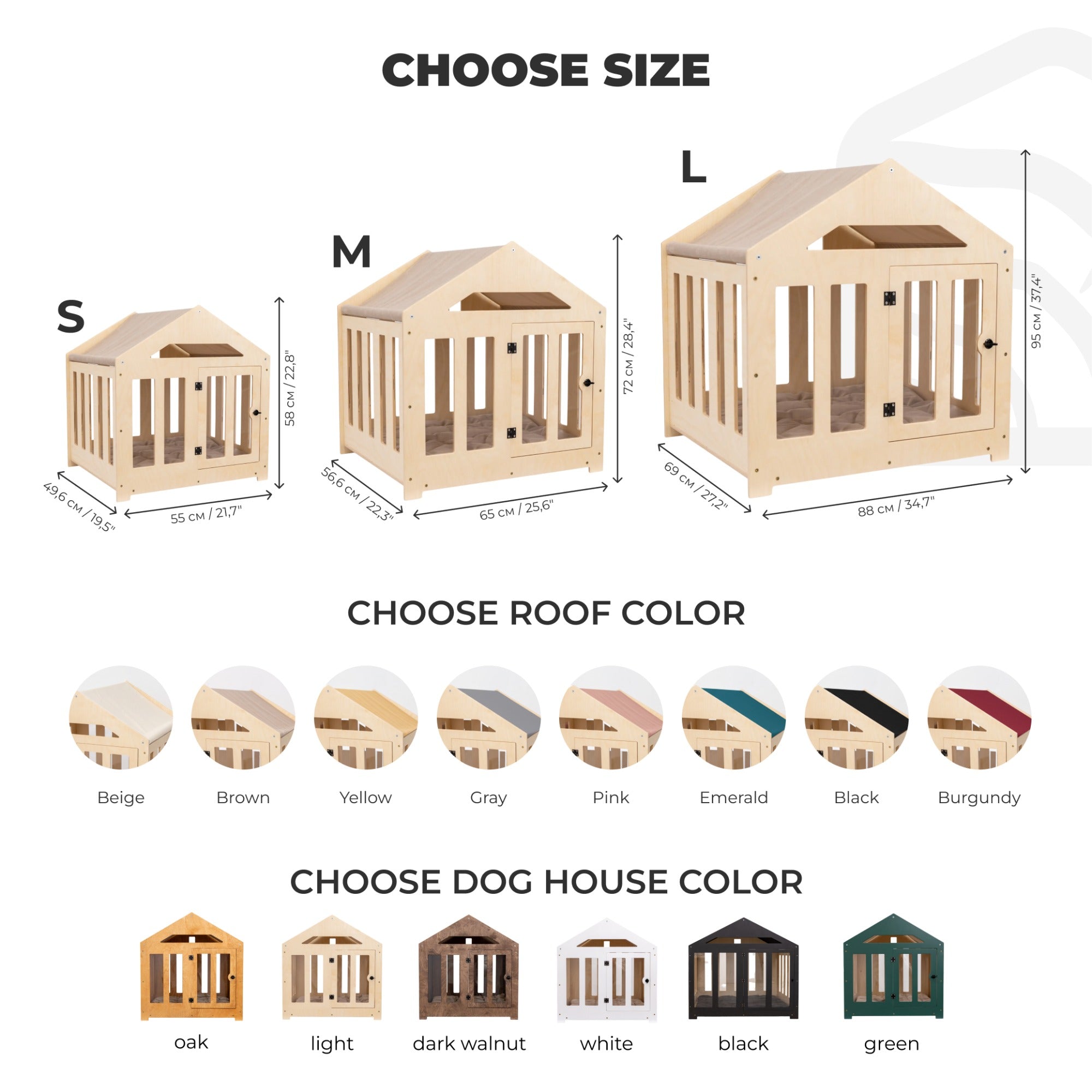 Wooden pet house with size and color options on a white background