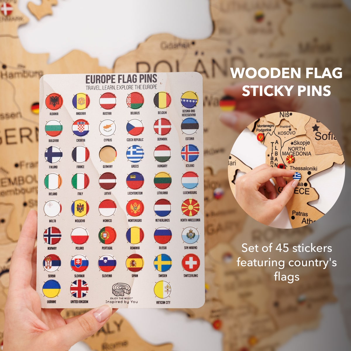 Set of 45 wooden flag sticky pins with a map background