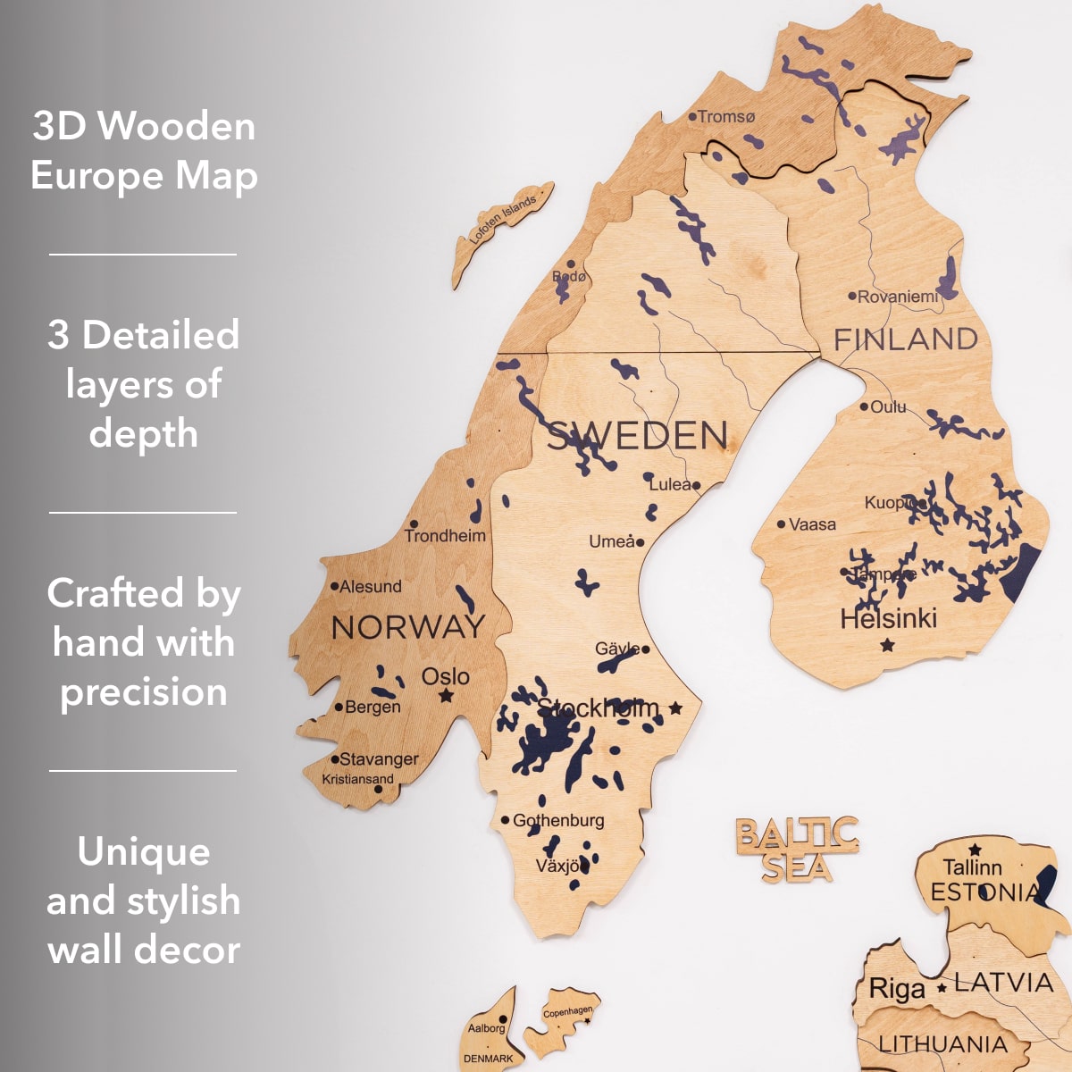 3D wooden Europe map with text highlighting features on a gray background