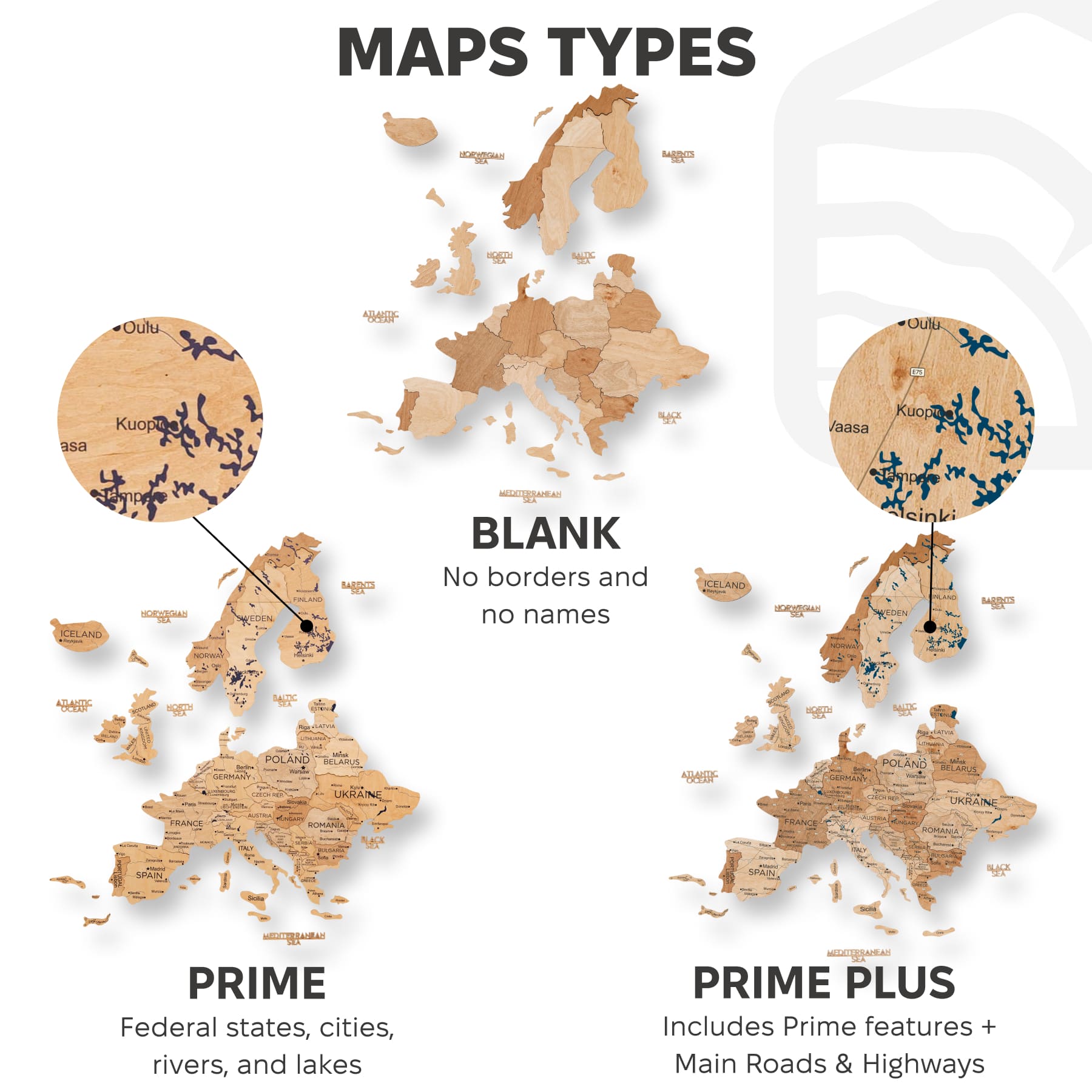 Diagram of different map types with labels on a white background