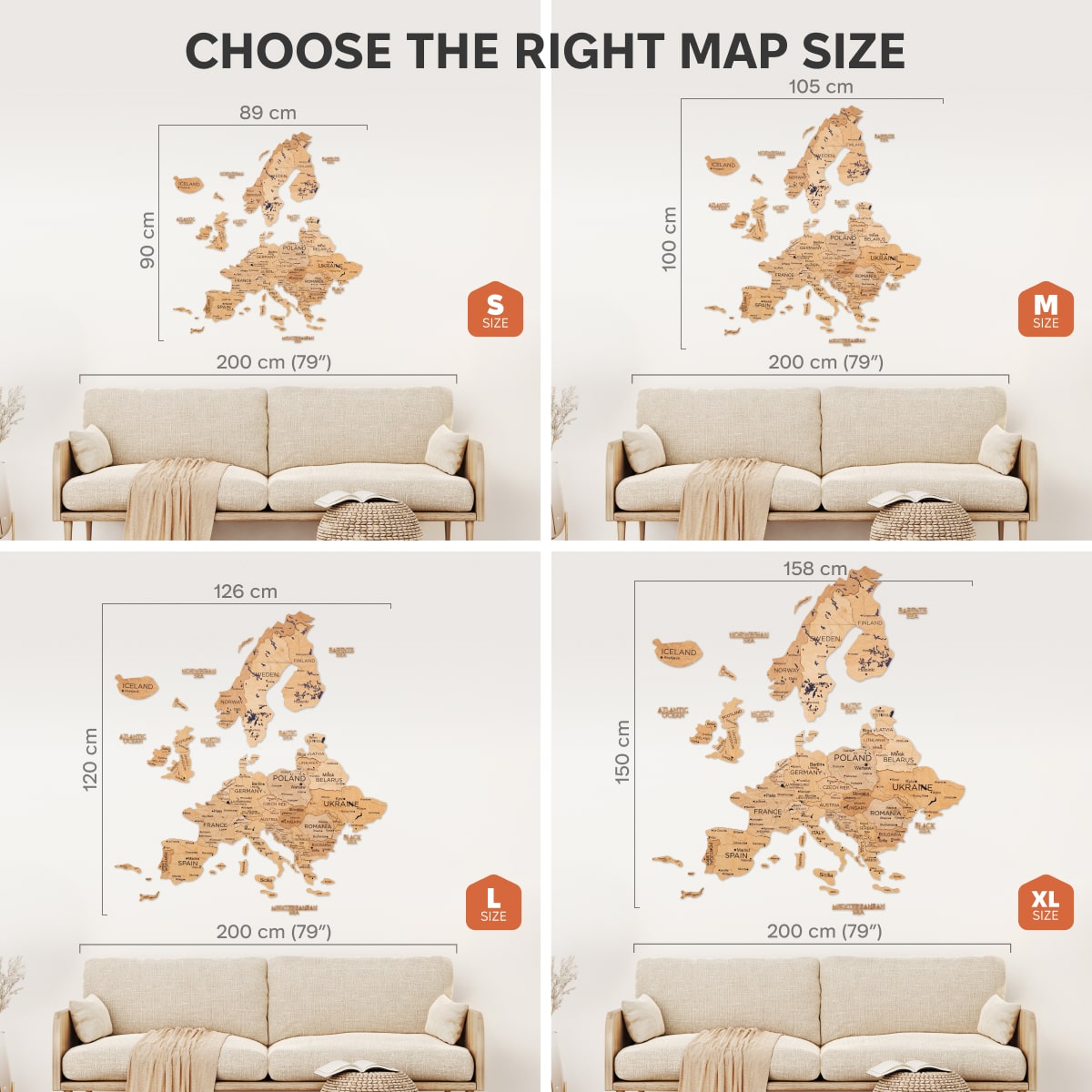 Map size selection guide with different map sizes displayed on a sofa.