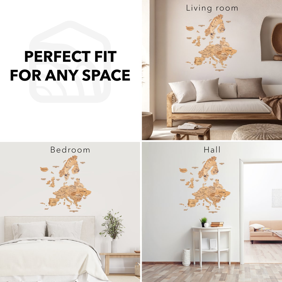 Wooden world map wall decal in living room, bedroom, and hall settings with text 'Perfect Fit for Any Space'.