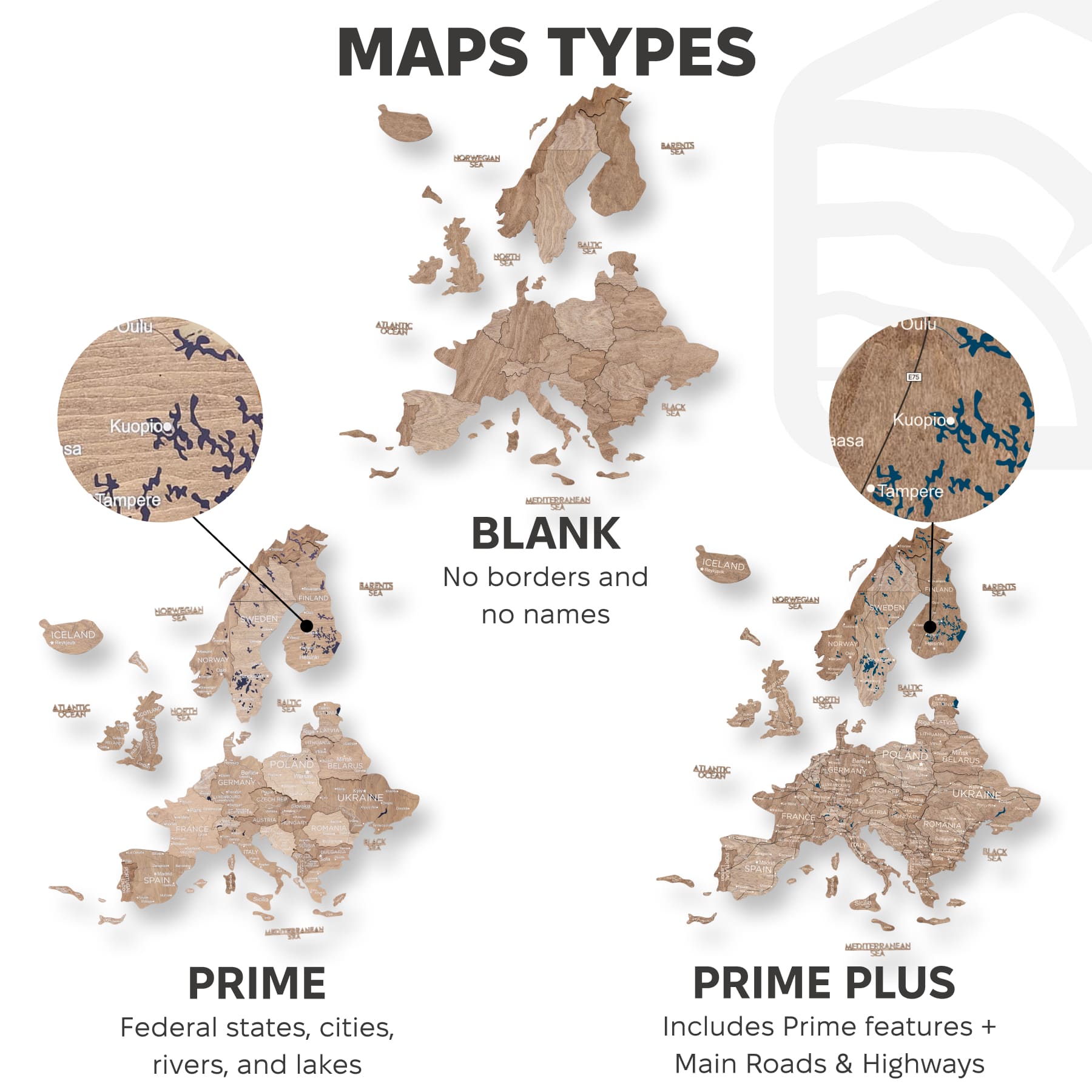 Comparison of different map types with labels on a white background