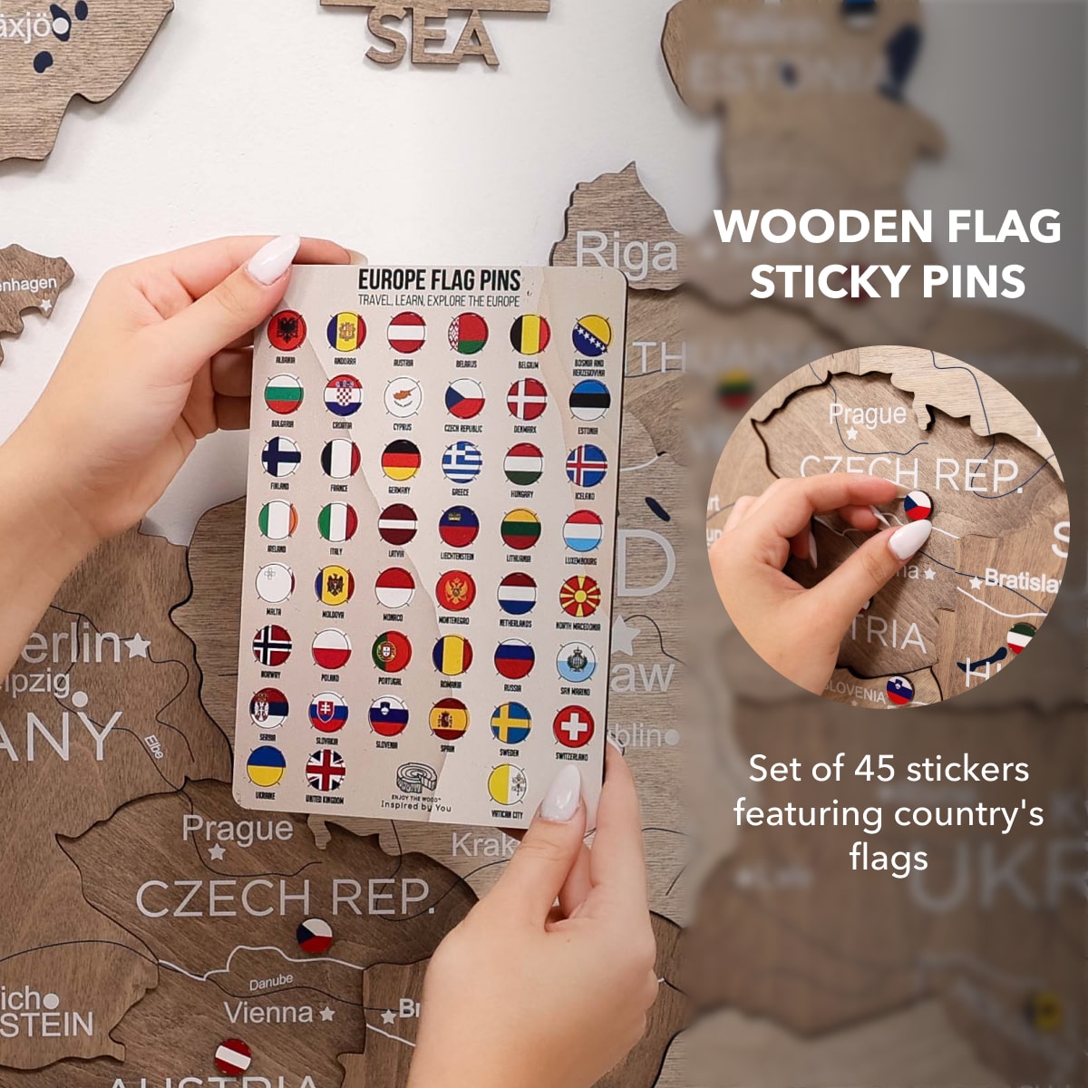 Set of wooden flag sticky pins with a map background