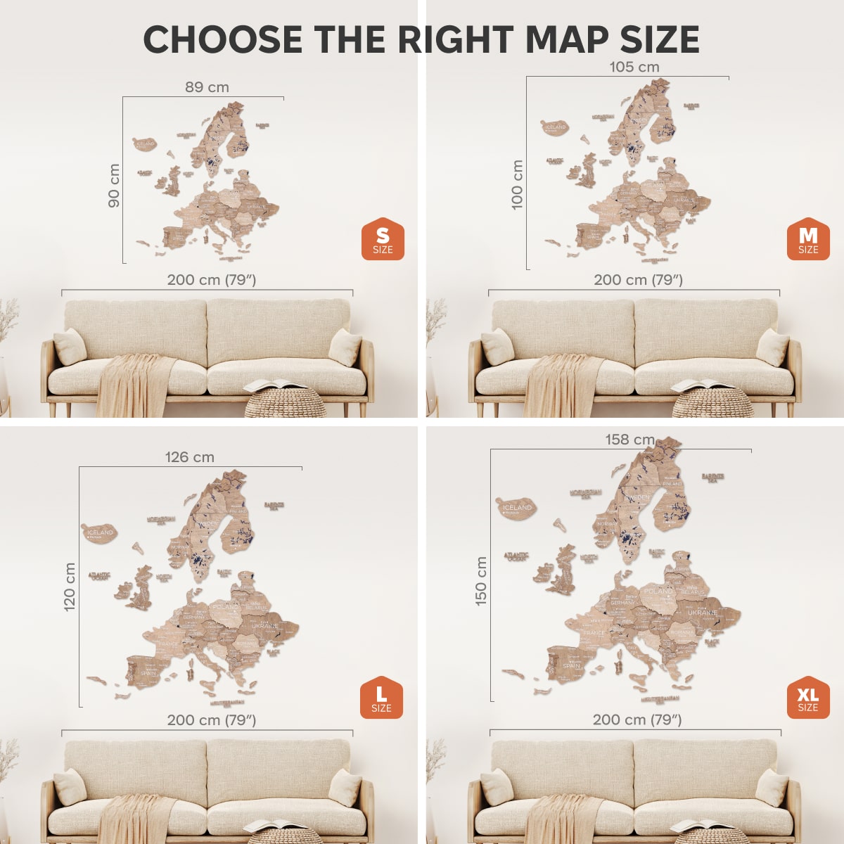Comparison of world map wall decal sizes with a sofa for scale.