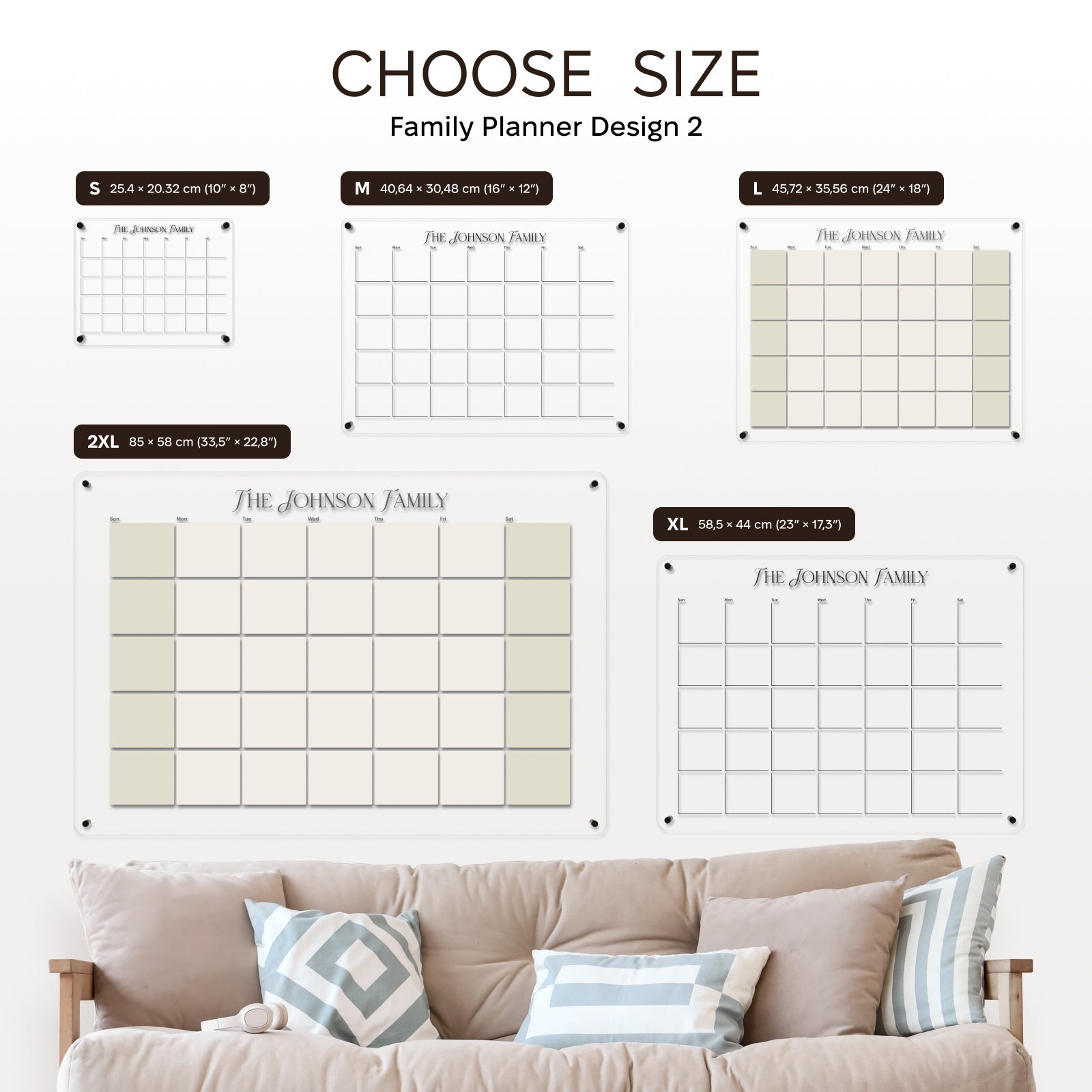 Family planner design 2 with size options displayed above a sofa.
