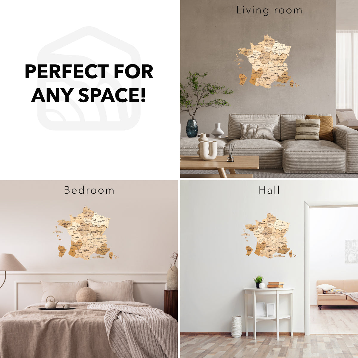 Collage of wall decal in living room, bedroom, and hall with text 'Perfect for any space!'.