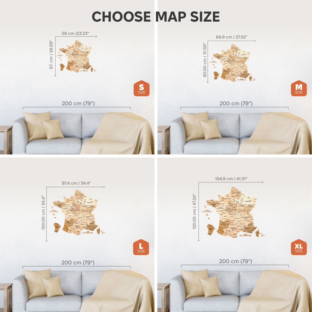 Four size options of a wall decal with dimensions displayed on a living room setting.
