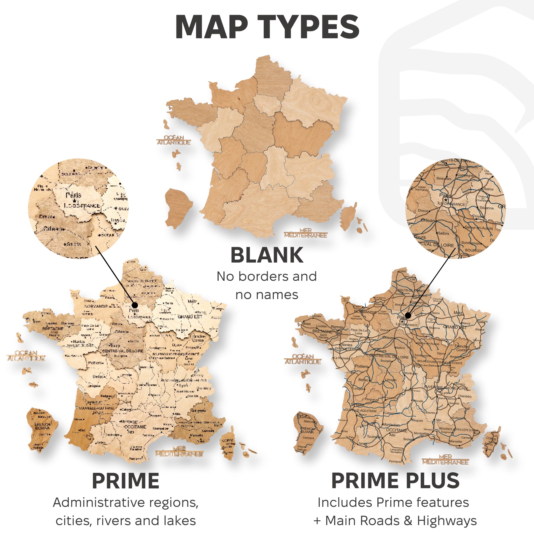 Comparison of different map types with labels on a white background