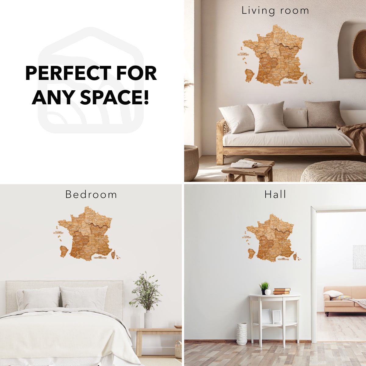 Wooden wall map displayed in living room, bedroom, and hall settings with text 'Perfect for any space!'.