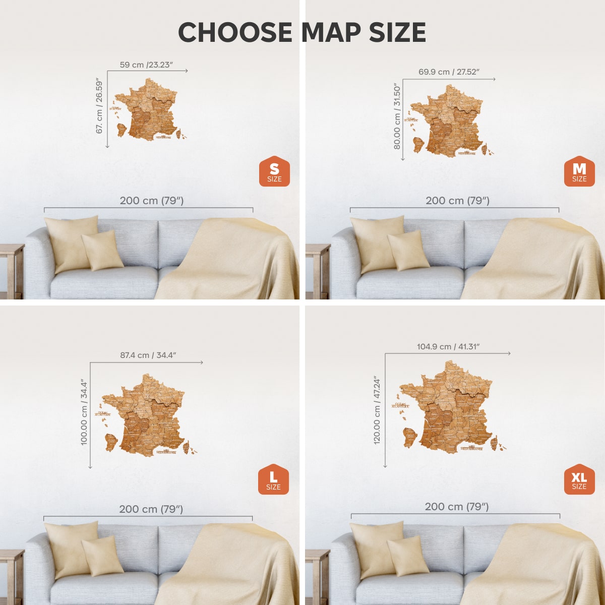 Four size options of a map wall decal displayed on a sofa with measurements.