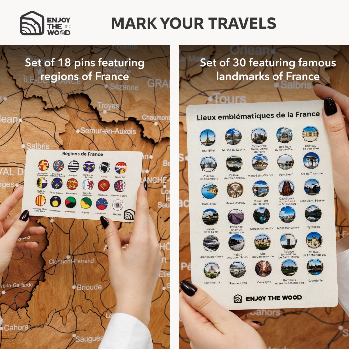 Two sets of travel-themed pins featuring regions and landmarks of France on a wooden map background.