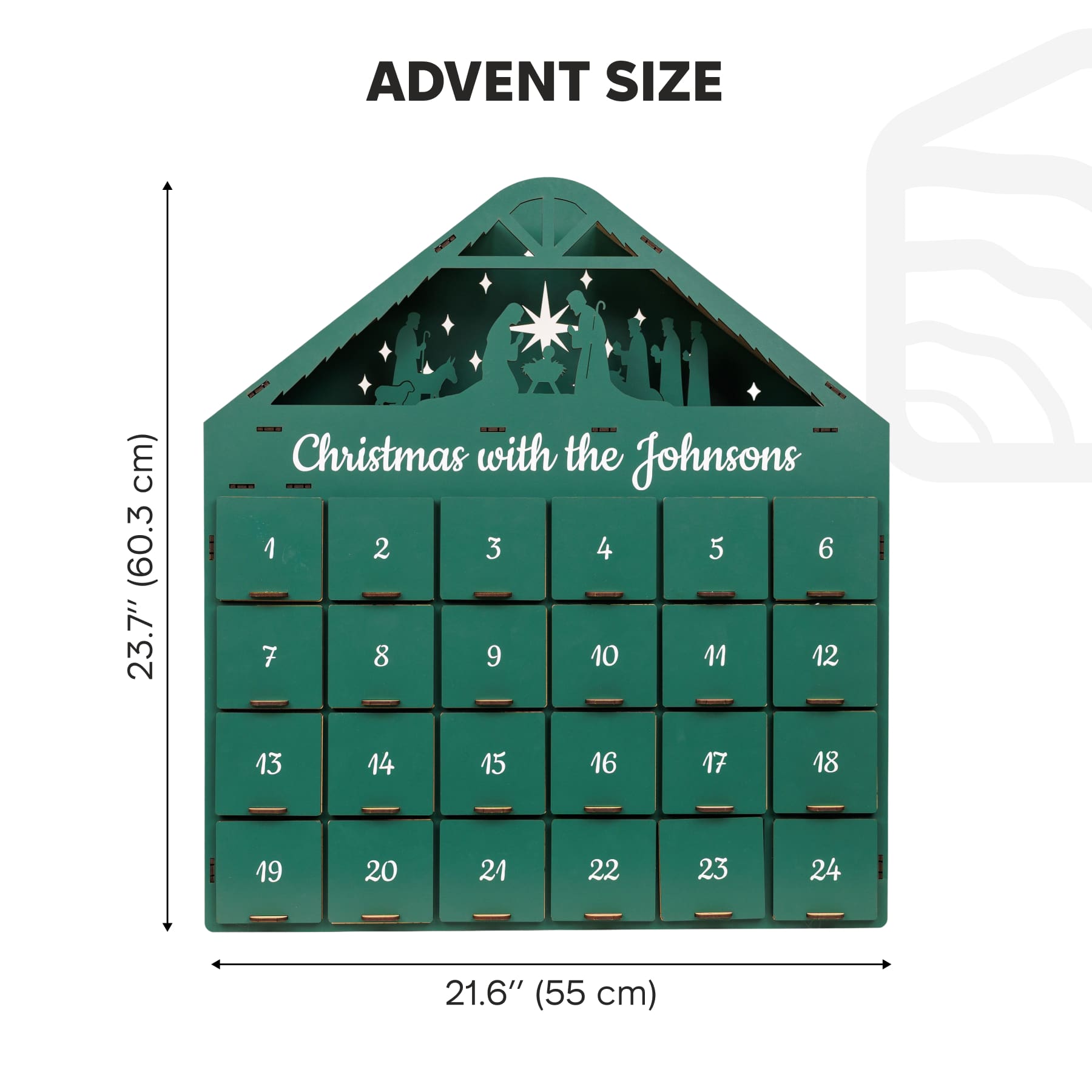 Green Advent calendar with 'Christmas with the Johnsons' text and measurements on a white background