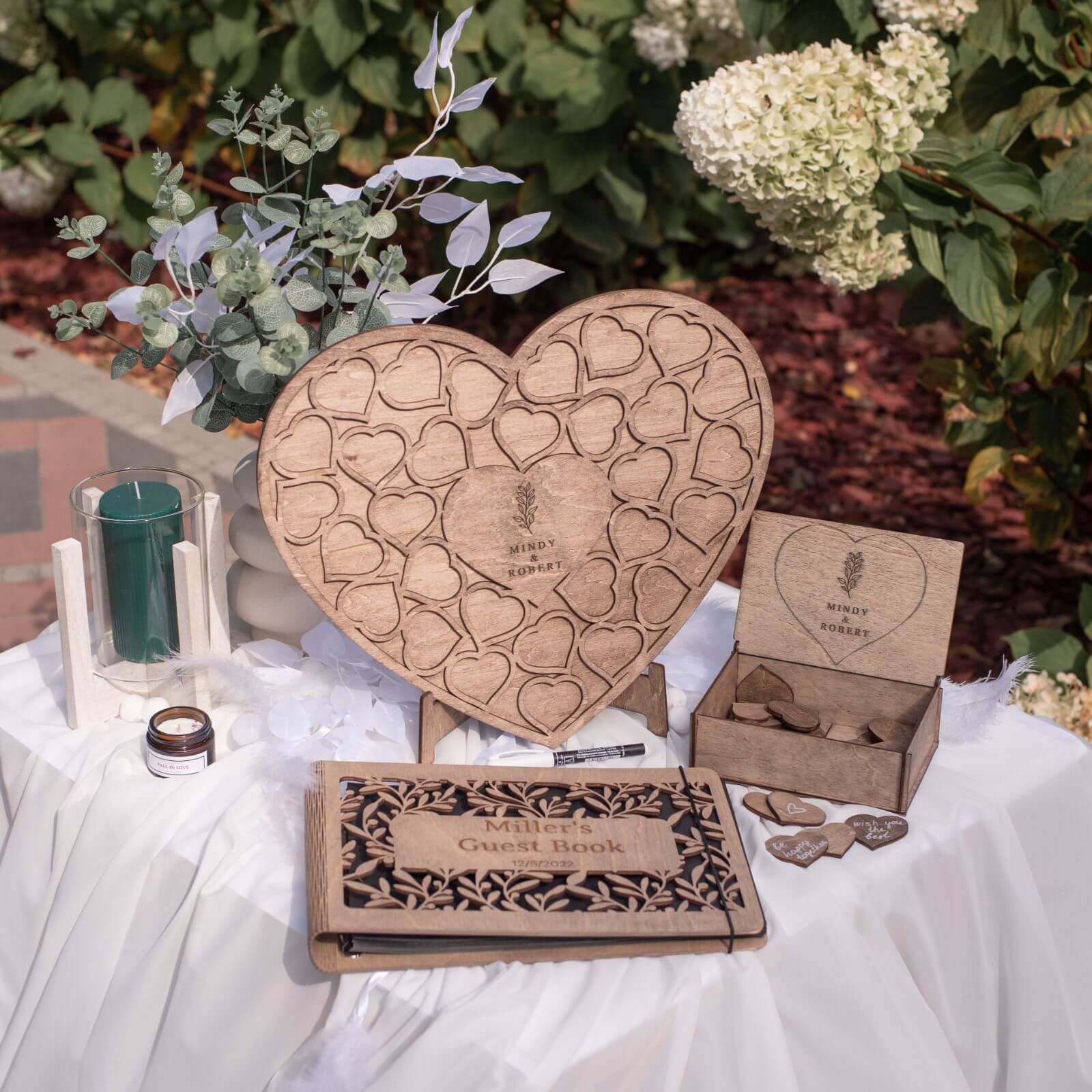 Rustic wedding guest book set with wooden hearts and box