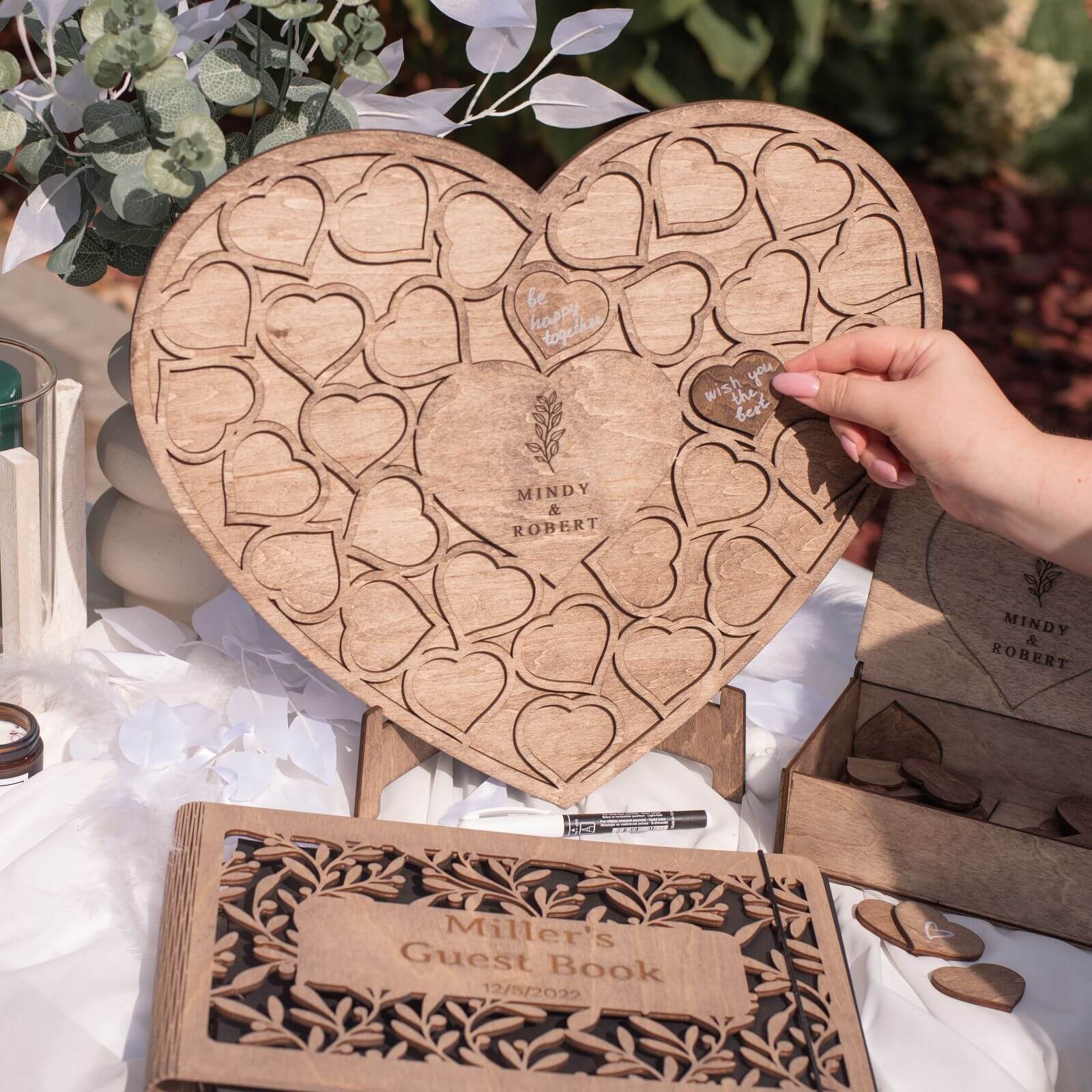 Wooden heart guest book alternative with personalized engraving