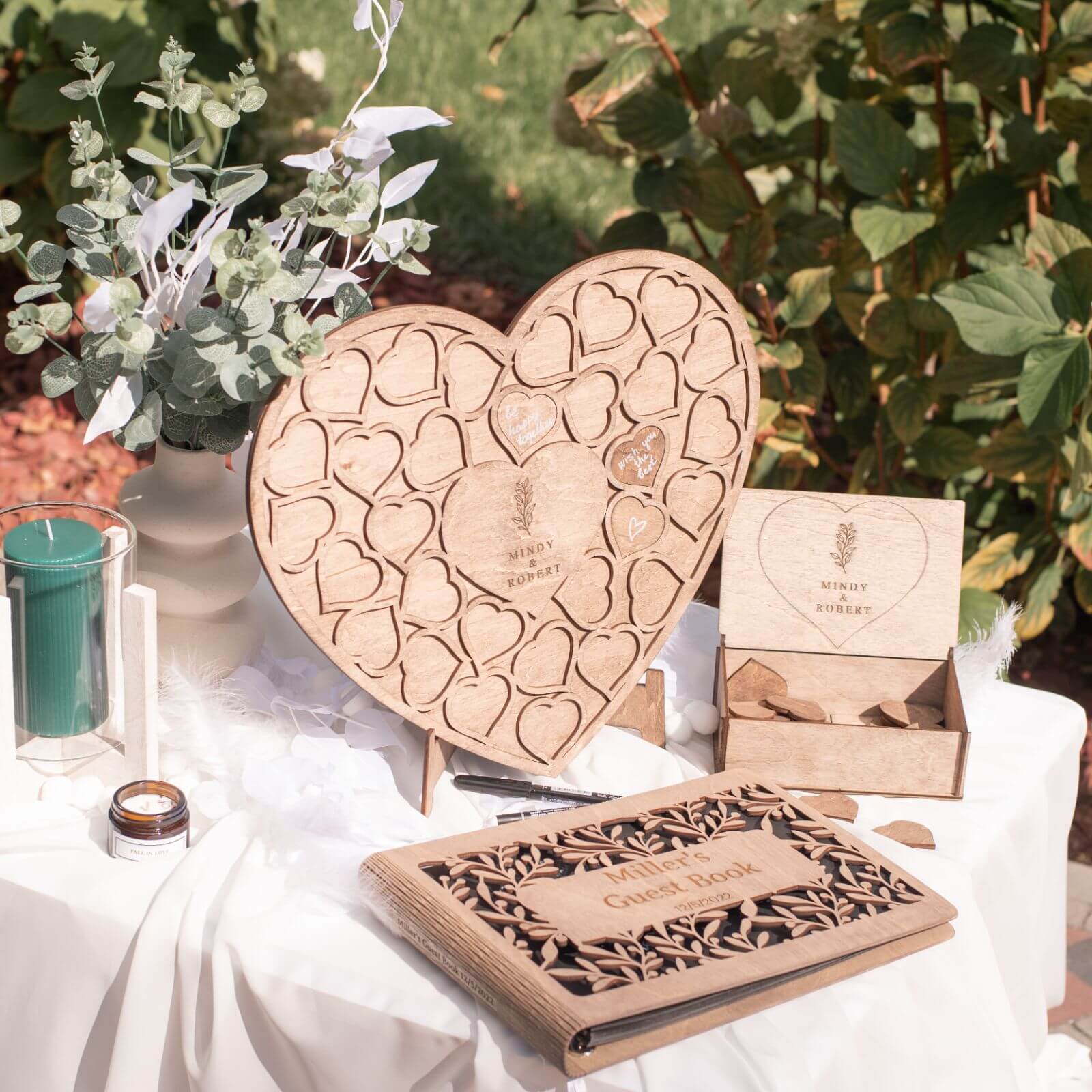 Personalized wedding guest book set with rustic wooden design