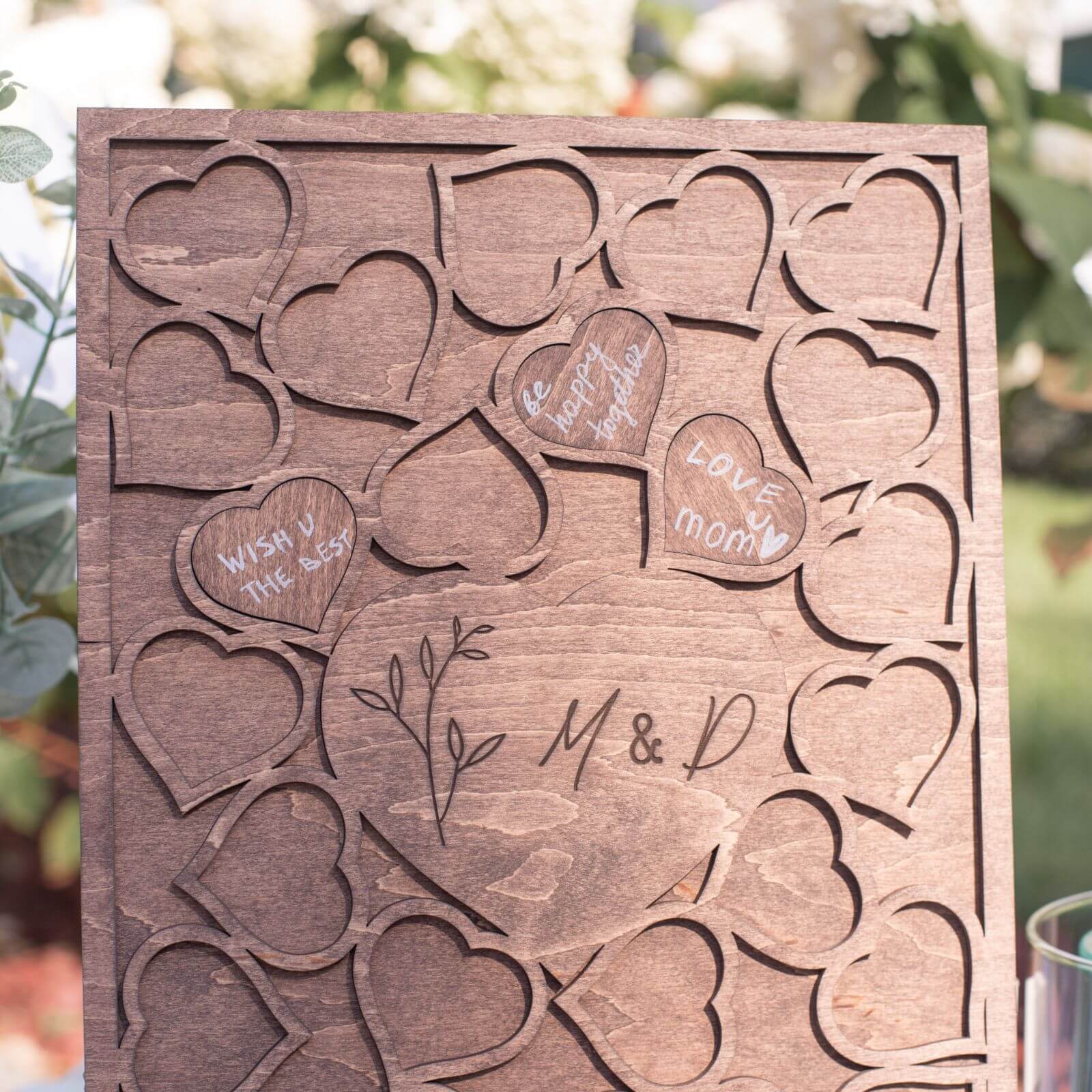 Wooden rectangular wedding guest book frame with heart inserts