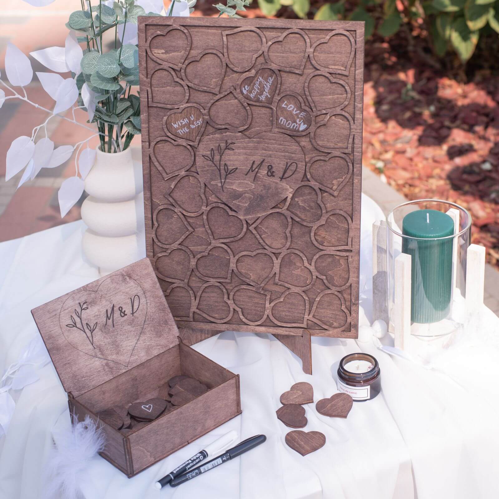 Rustic rectangular wooden wedding guest book frame with box and markers