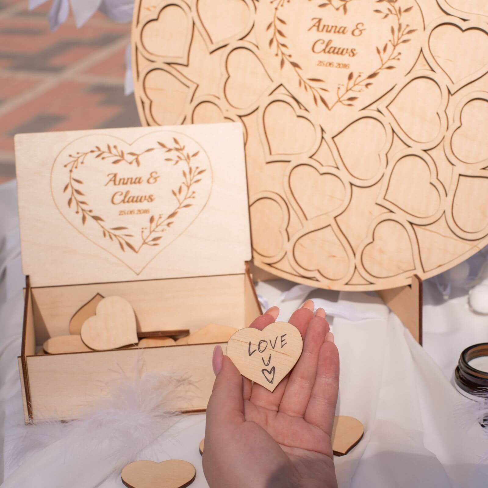 Personalized wooden wedding guest book with hearts