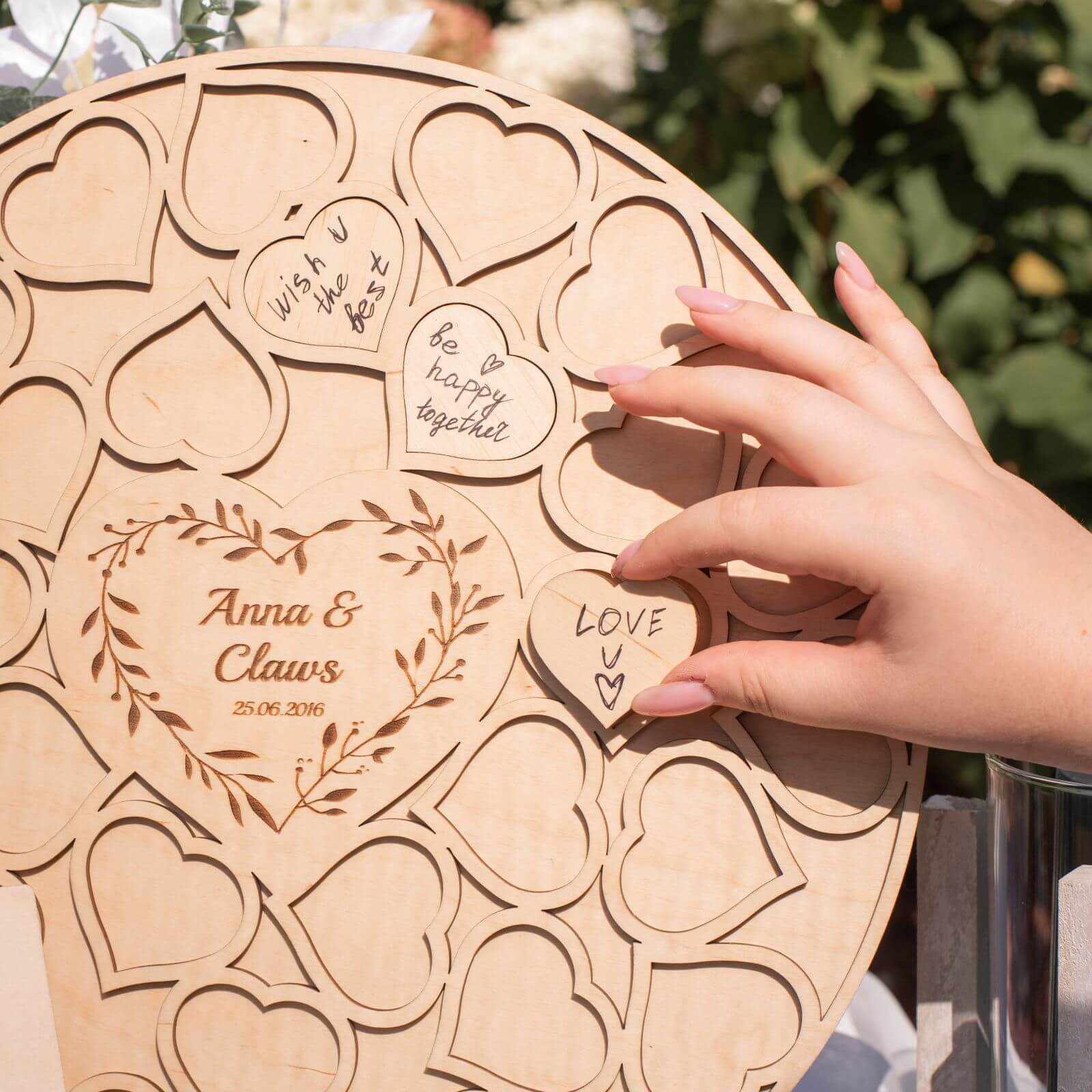 Wooden heart wedding guest book alternative