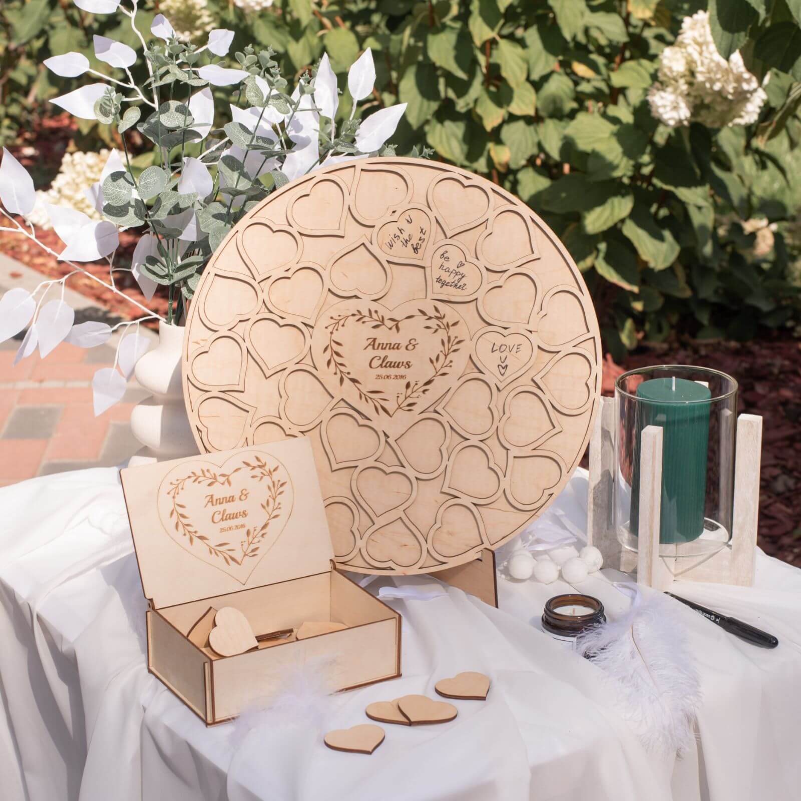 Unique wooden guest book alternative with hearts
