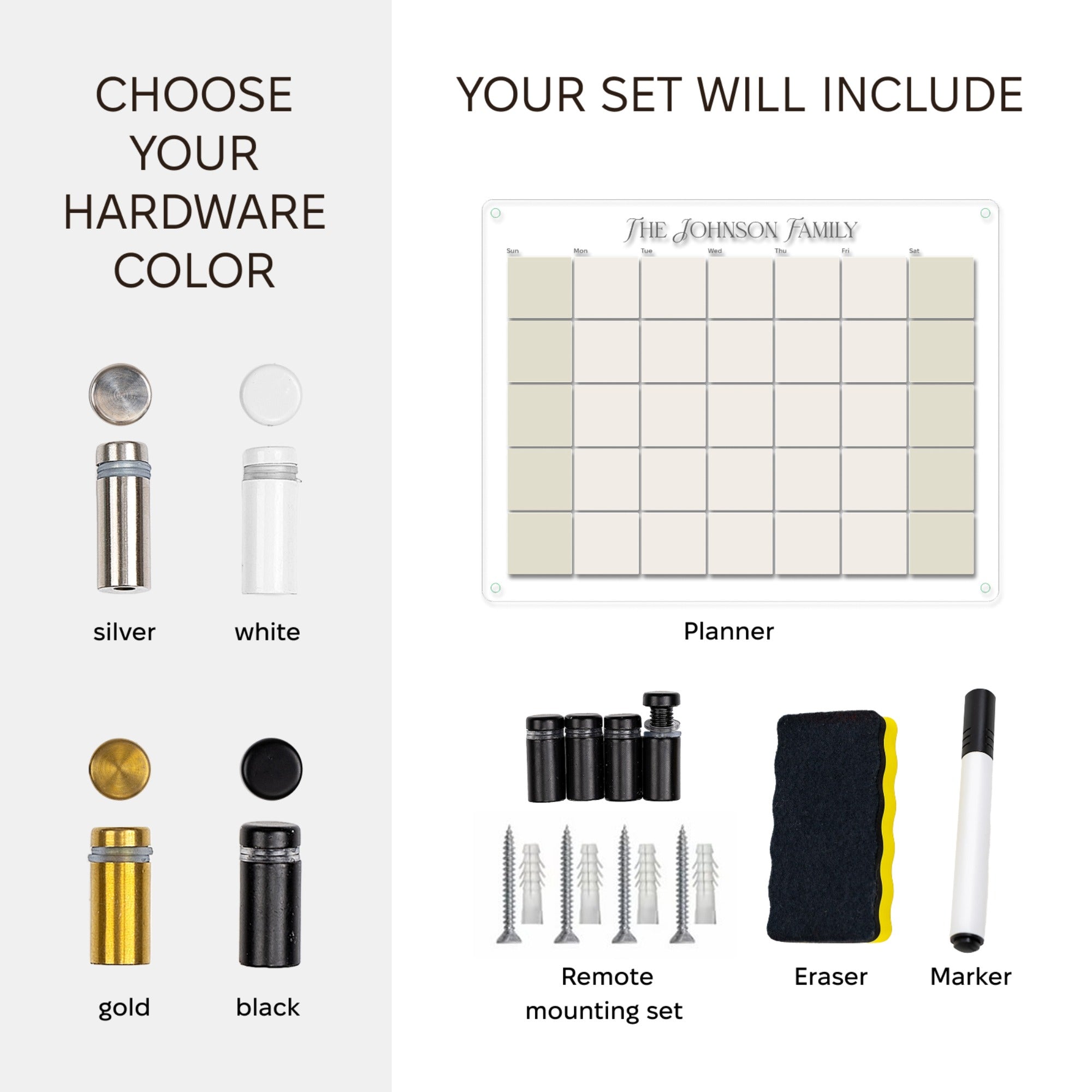 Product set with planner, remote mounting set, eraser, and marker on a white background.