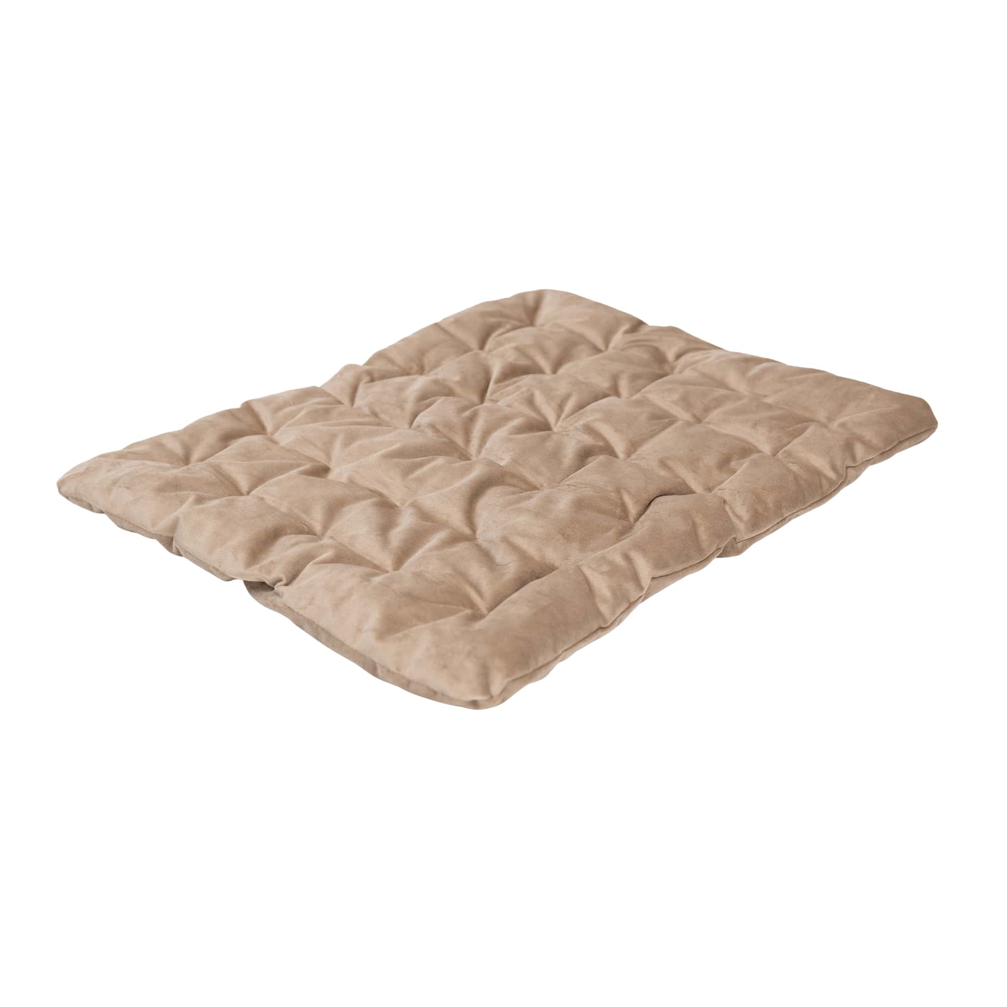 Beige quilted mattress pad on a white background