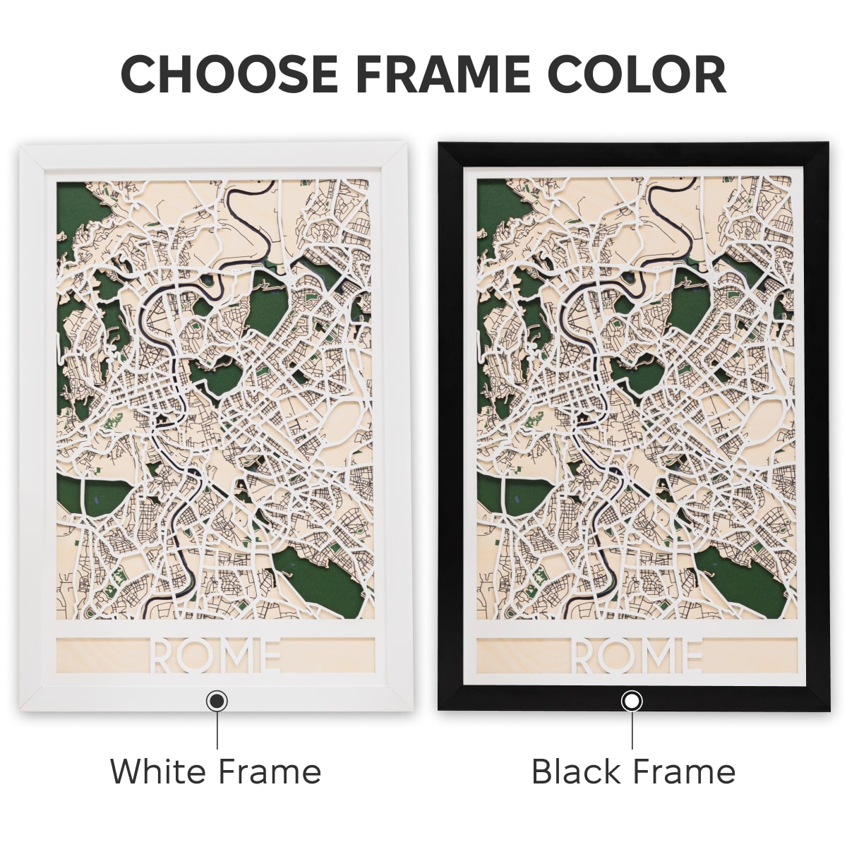 Two framed maps of Rome with white and black frames on a plain background.