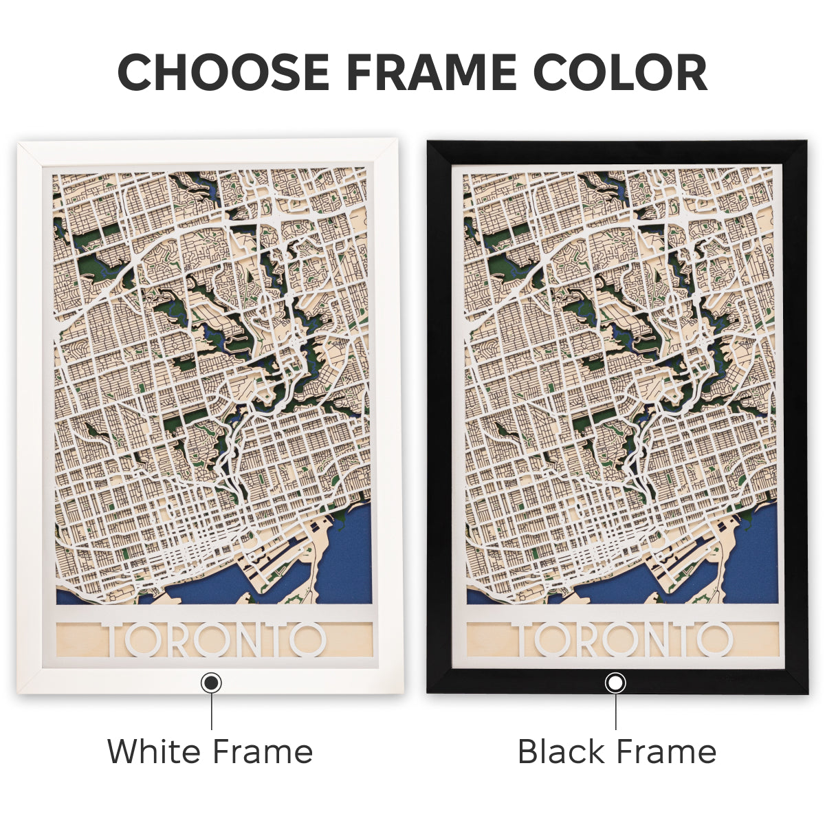 Two framed maps of Toronto with white and black frames on a white background.