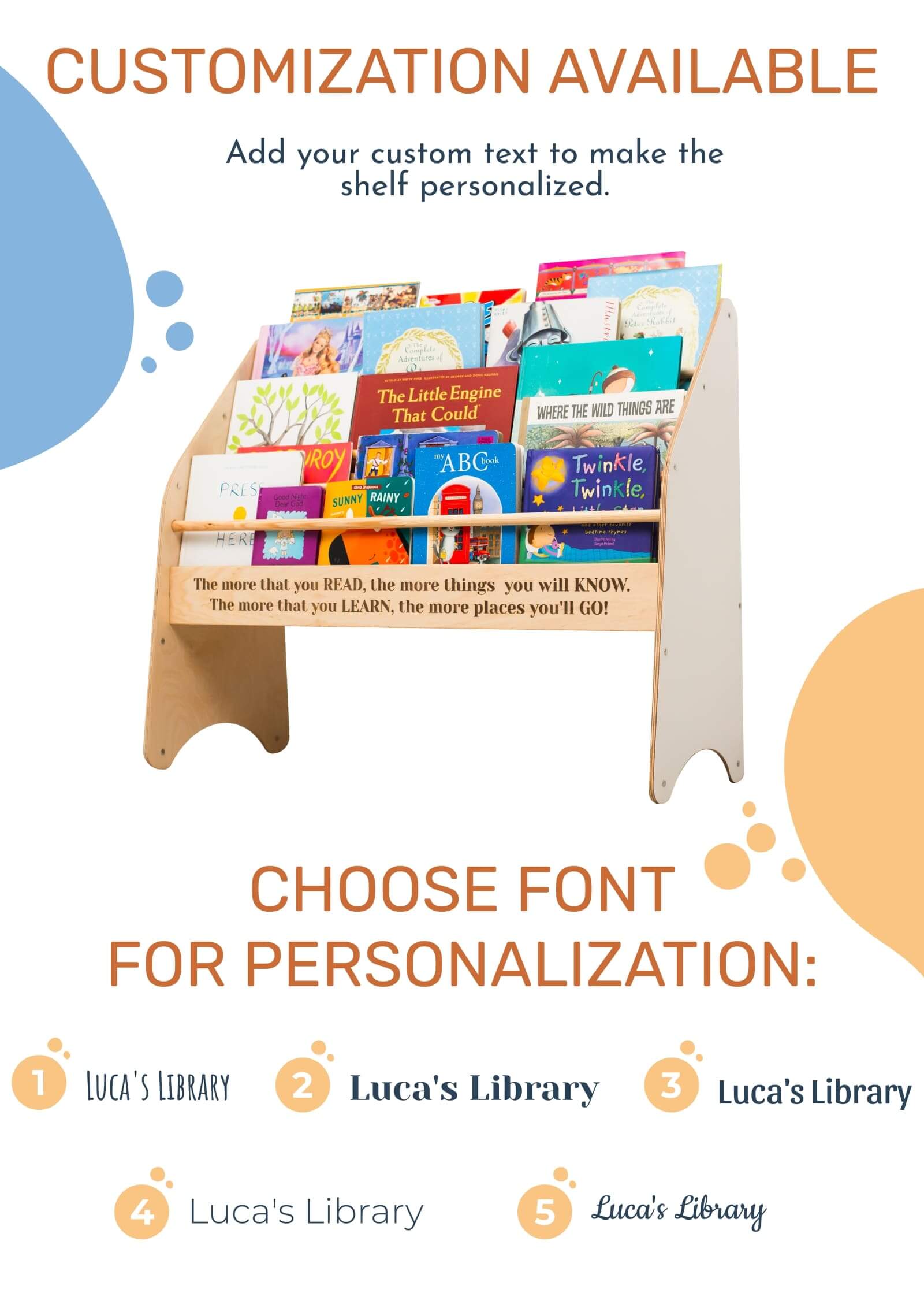 Montessori wooden bookshelf with customizable text engraving option and various font choices for personalization.