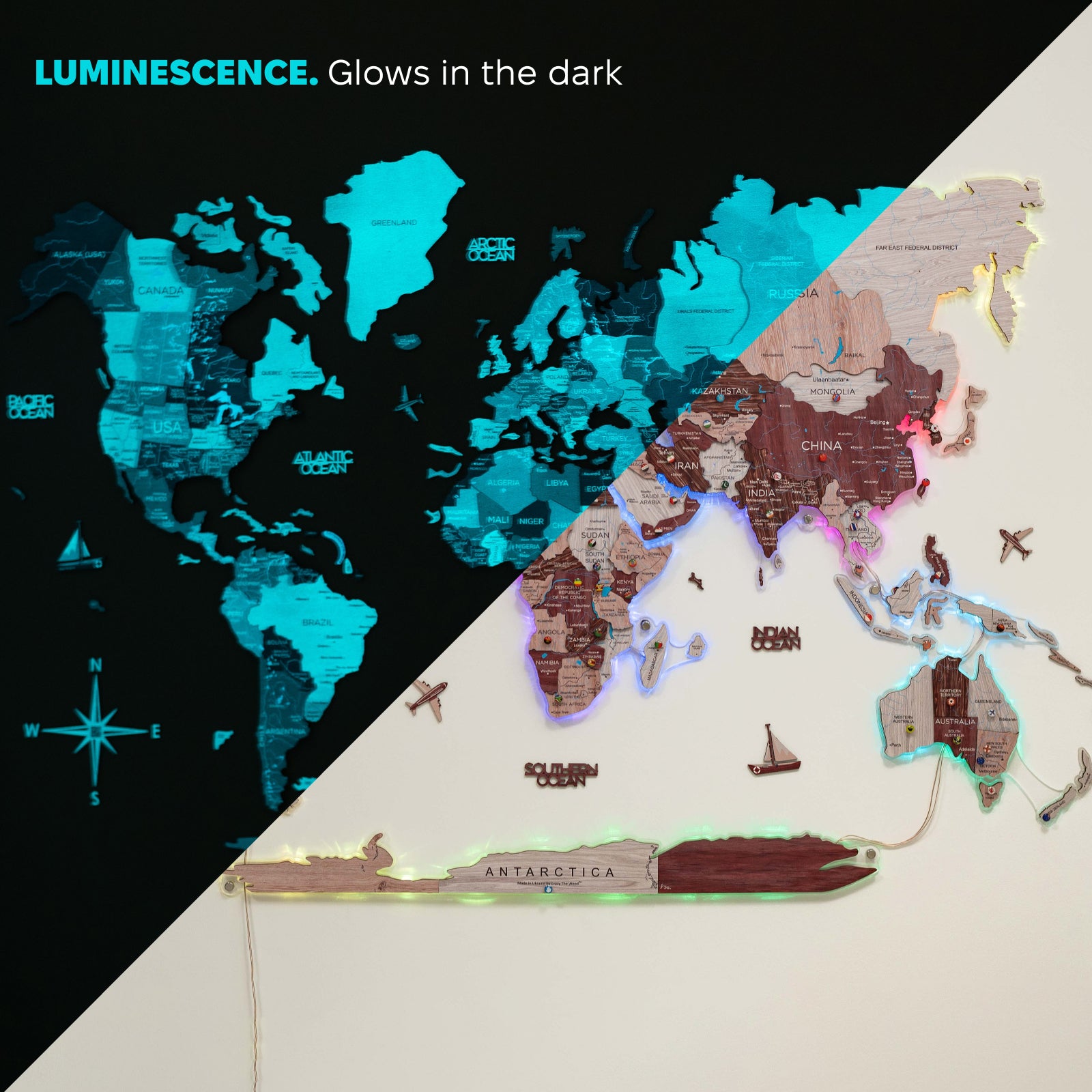 3D LUMINOUS LED Wooden World Map 2.0 Cappuccino