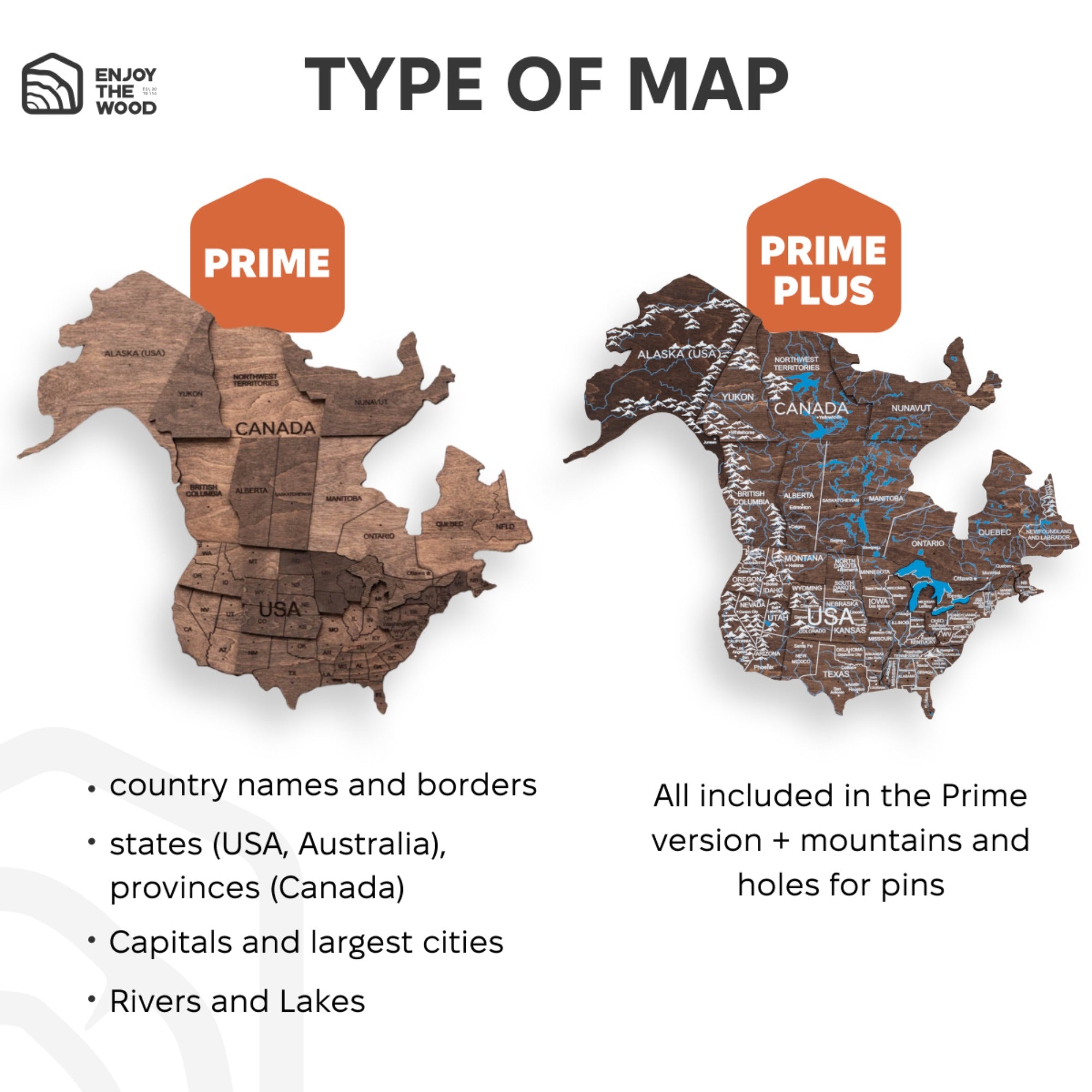 Wooden maps of Canada and USA with text describing different map types.
