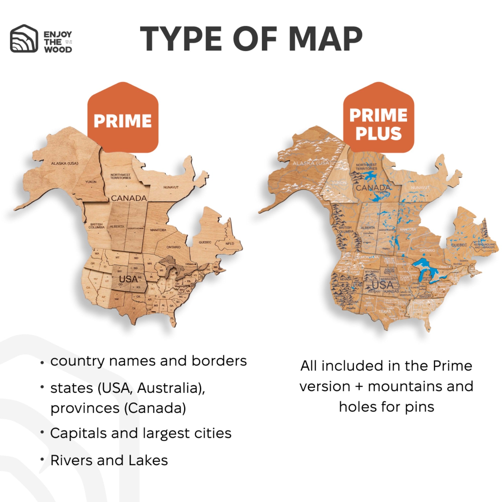 Wooden maps of the USA and Canada with text describing features and included items.