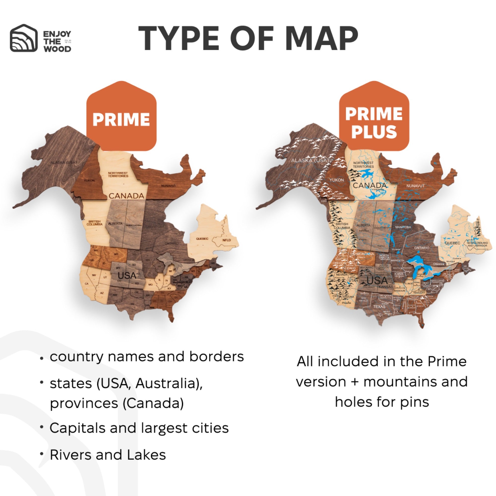 Wooden maps of the USA and Canada with labels for Prime and Prime Plus versions.
