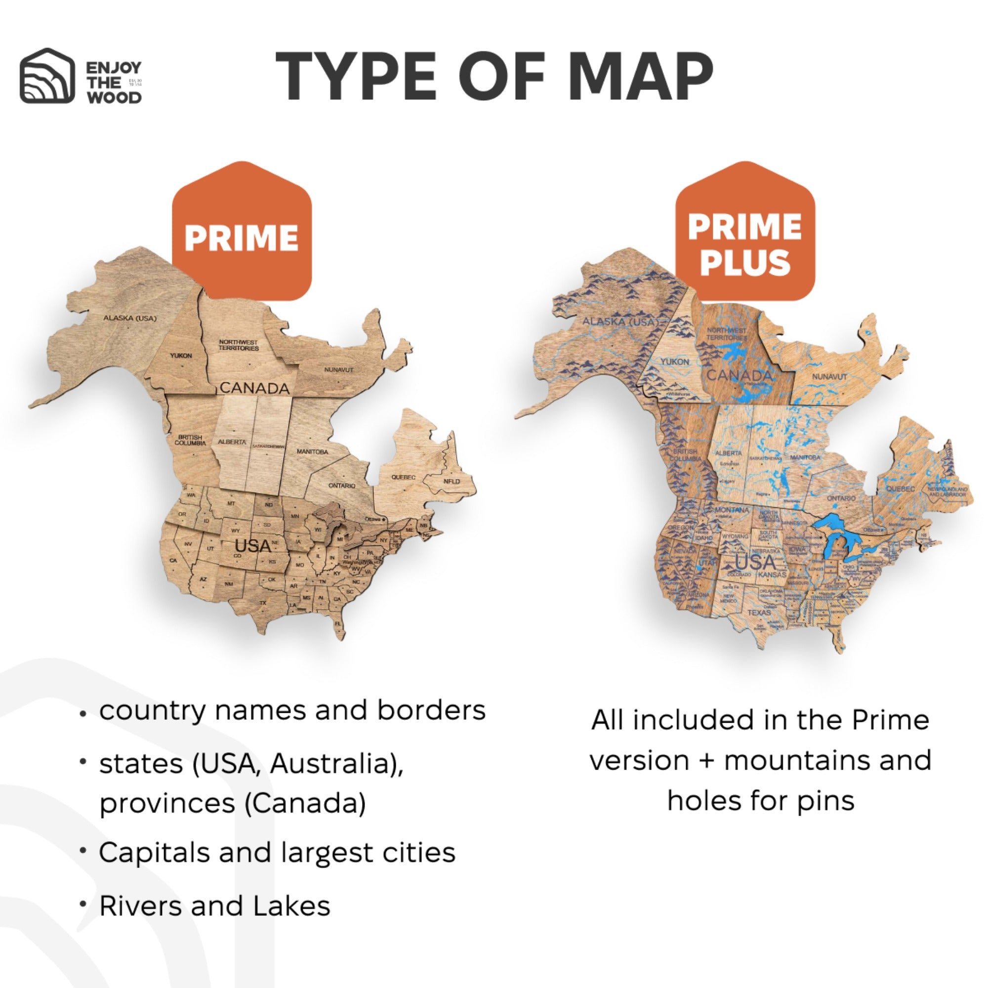 Wooden maps of Canada and USA with text describing features and included items.