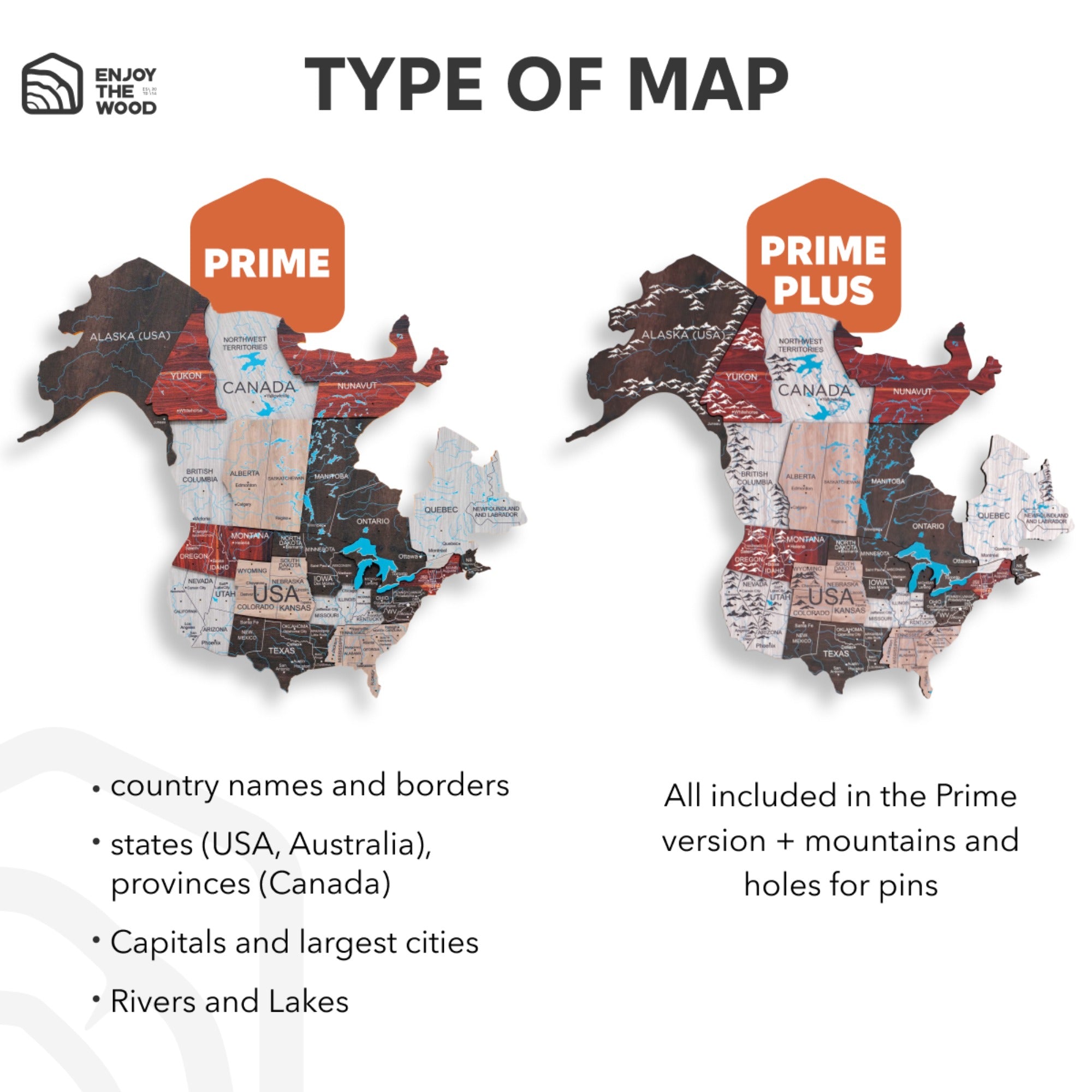 Two wooden maps of the USA with labels for Prime and Prime Plus versions, featuring country names, states, capitals, and natural features.
