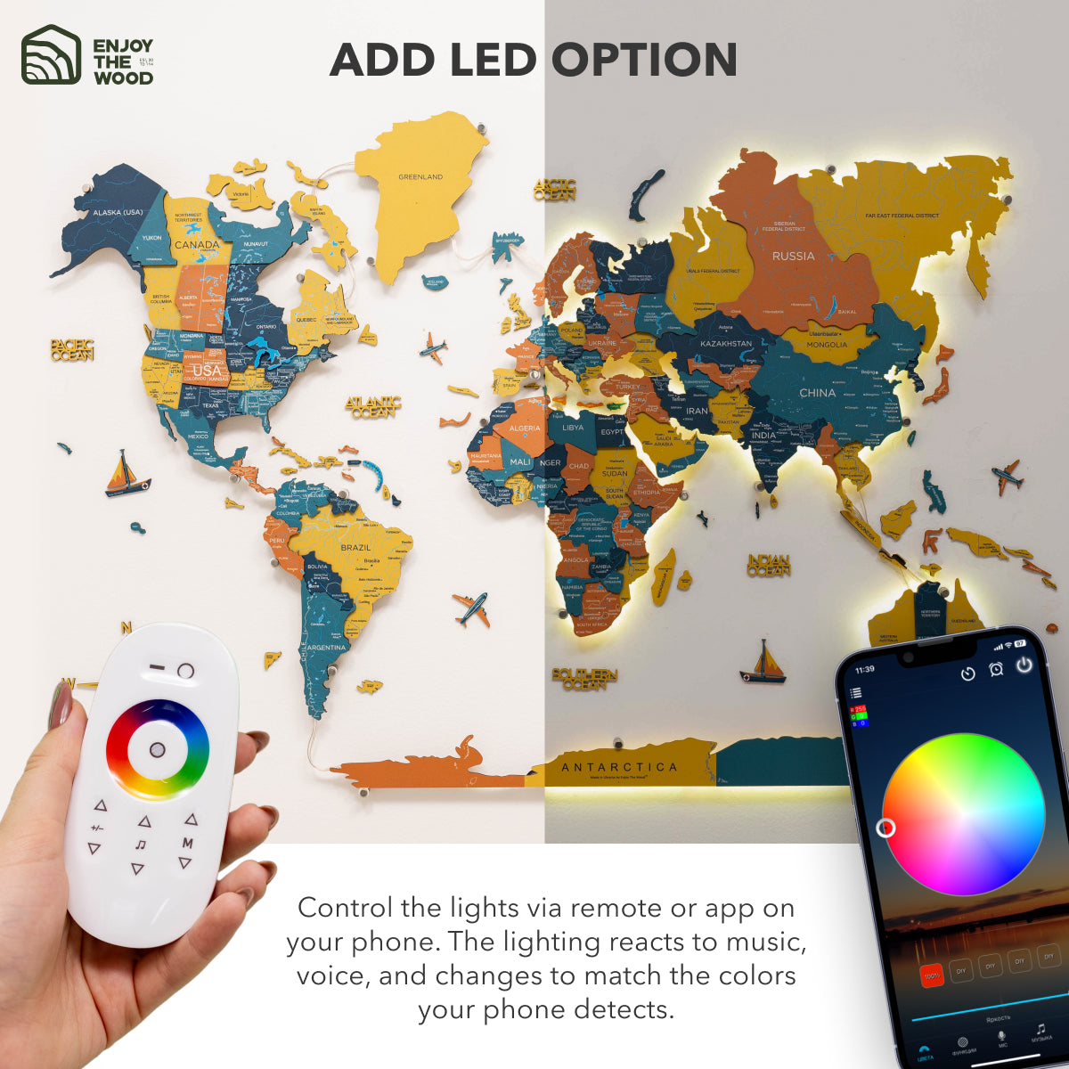 LED 3D / LUMINOSO Mapa mundial de madera 3.0 Indie