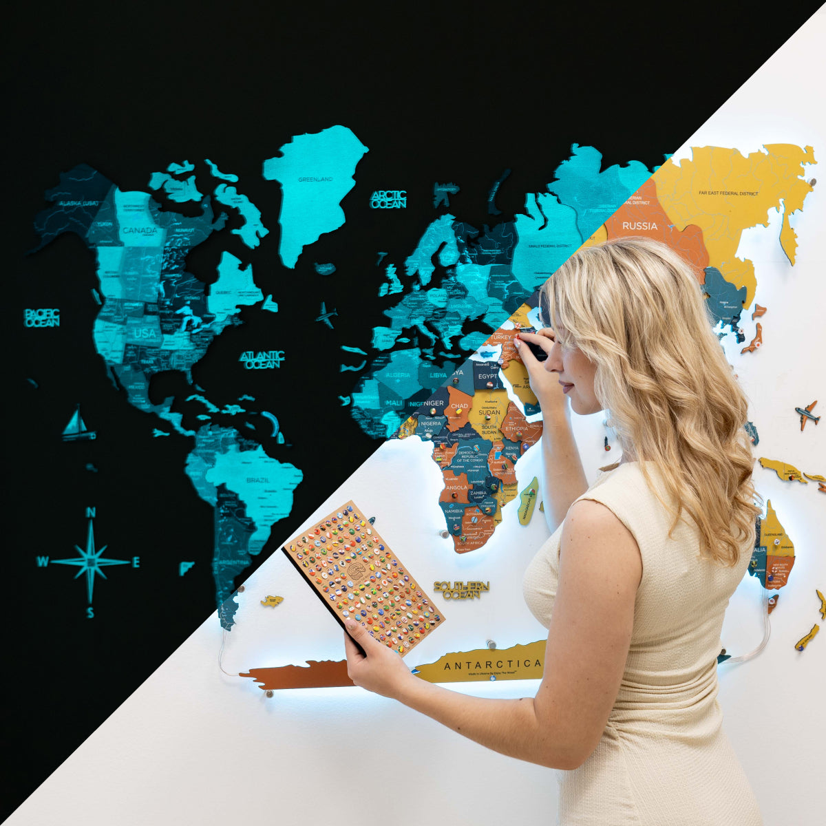 LED 3D / LUMINOSO Mapa mundial de madera 3.0 Indie