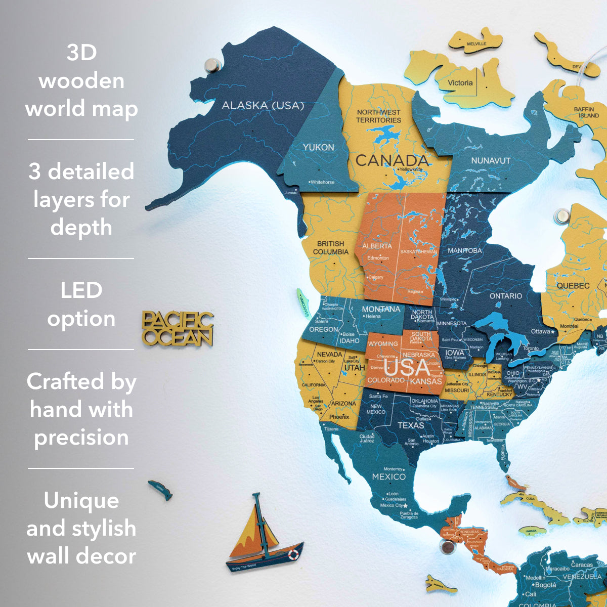 LED 3D / LUMINOSO Mapa mundial de madera 3.0 Indie