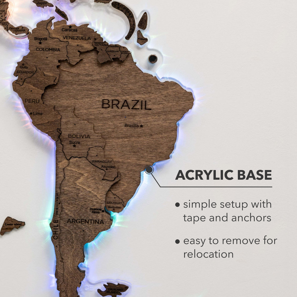Wooden map of South America with acrylic base and LED lighting