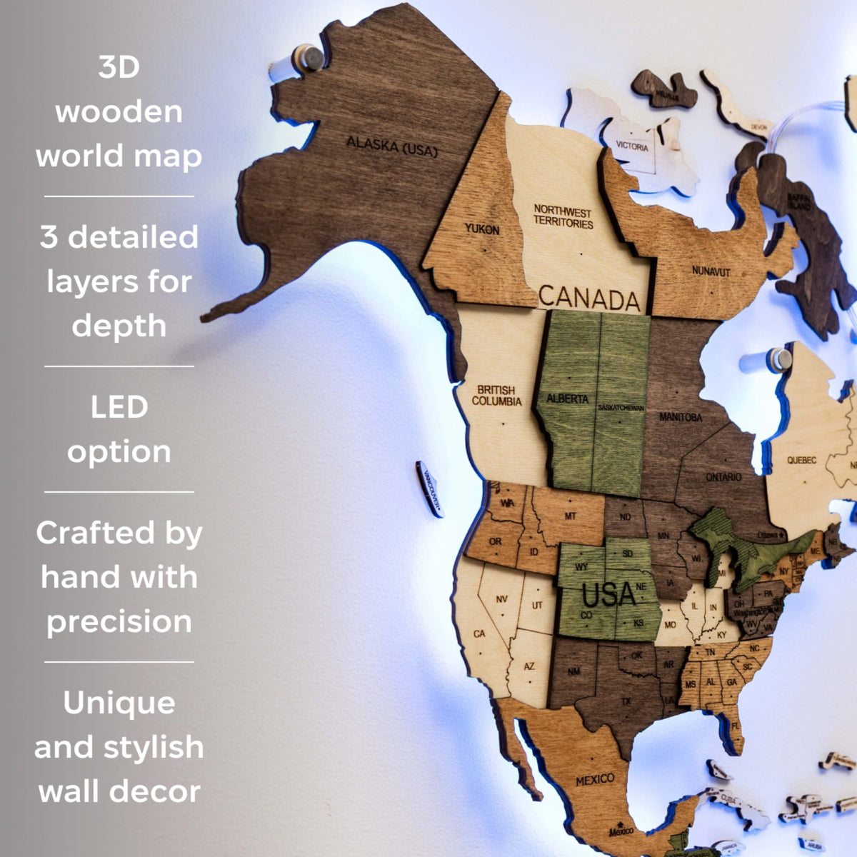 3D LED Carte du monde en bois 3.0 multicolore