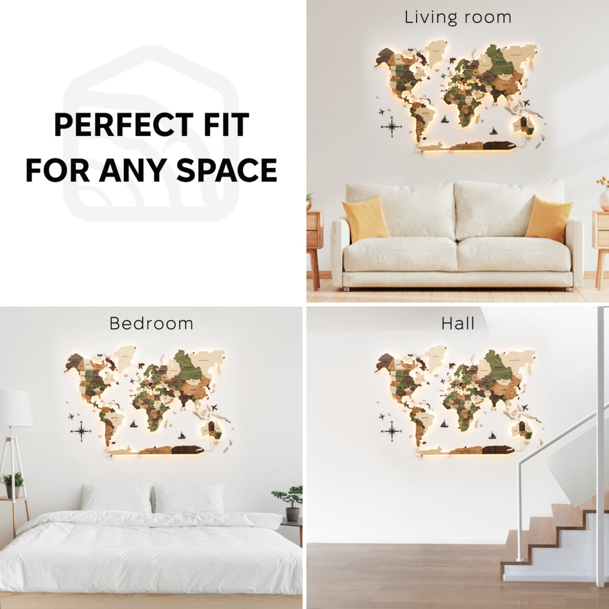 3D LED Carte du monde en bois 3.0 multicolore