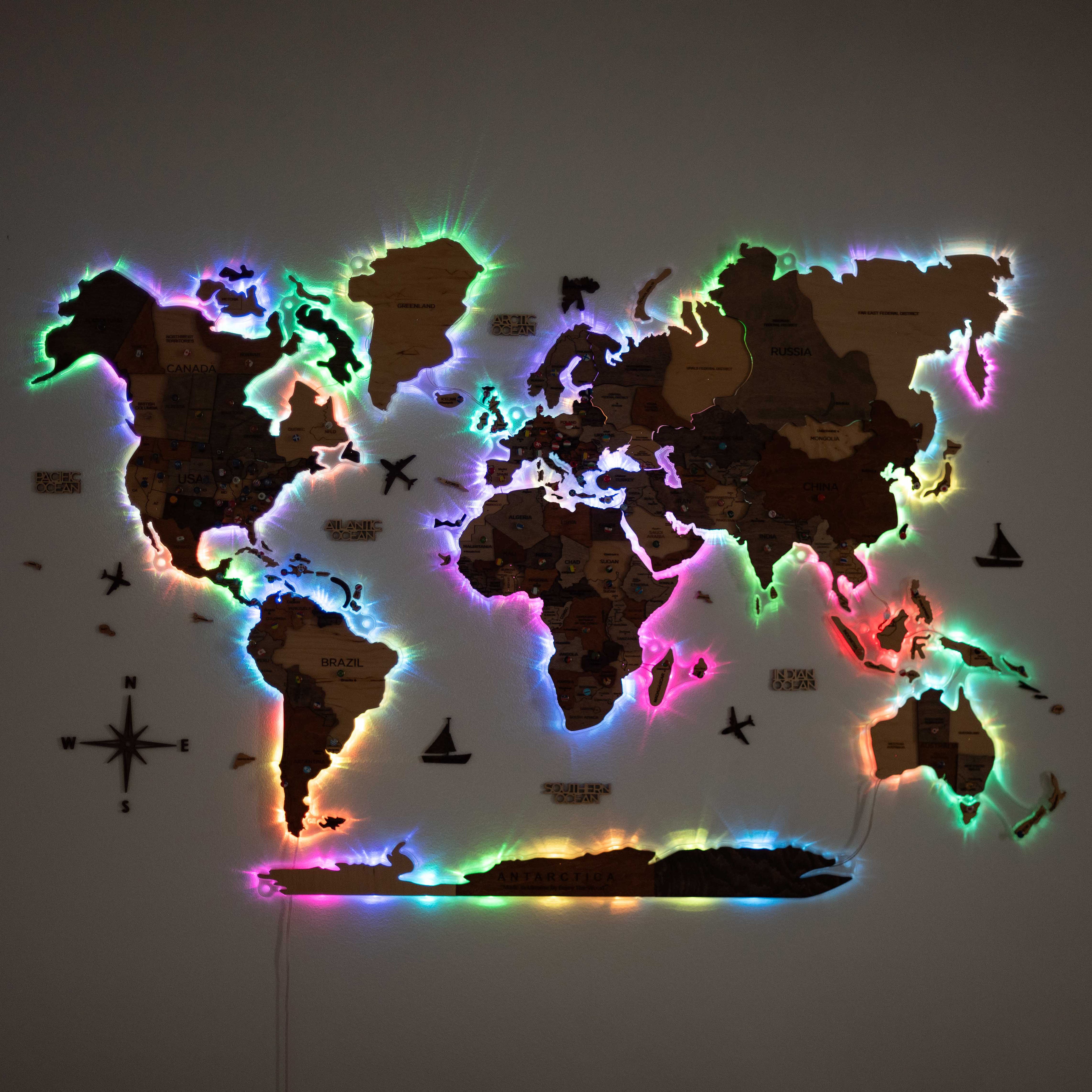 3D LED Wooden World Map 2.0 (with acrylic background)