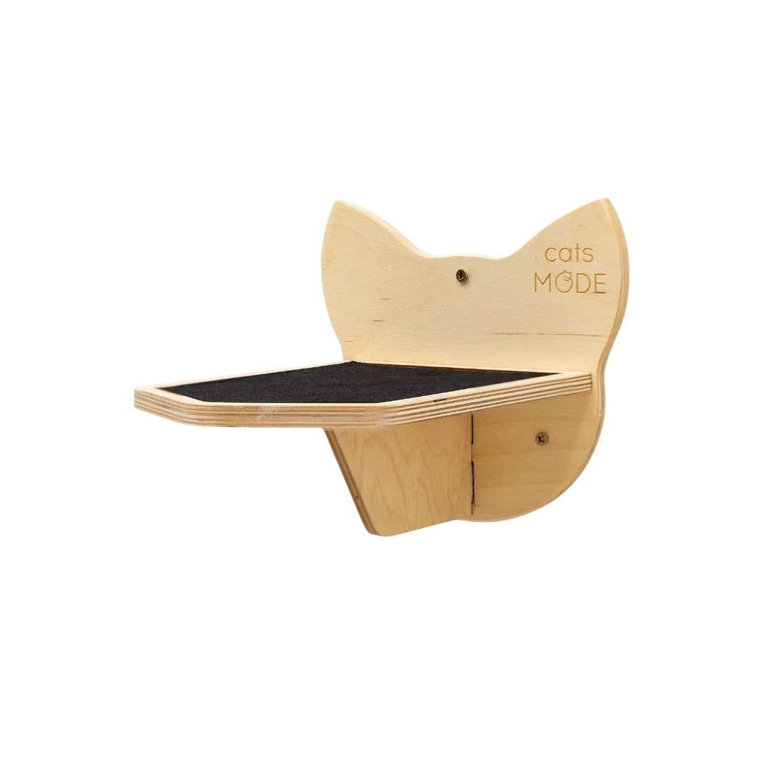 Wooden cat-shaped shelf with a black surface on a white background