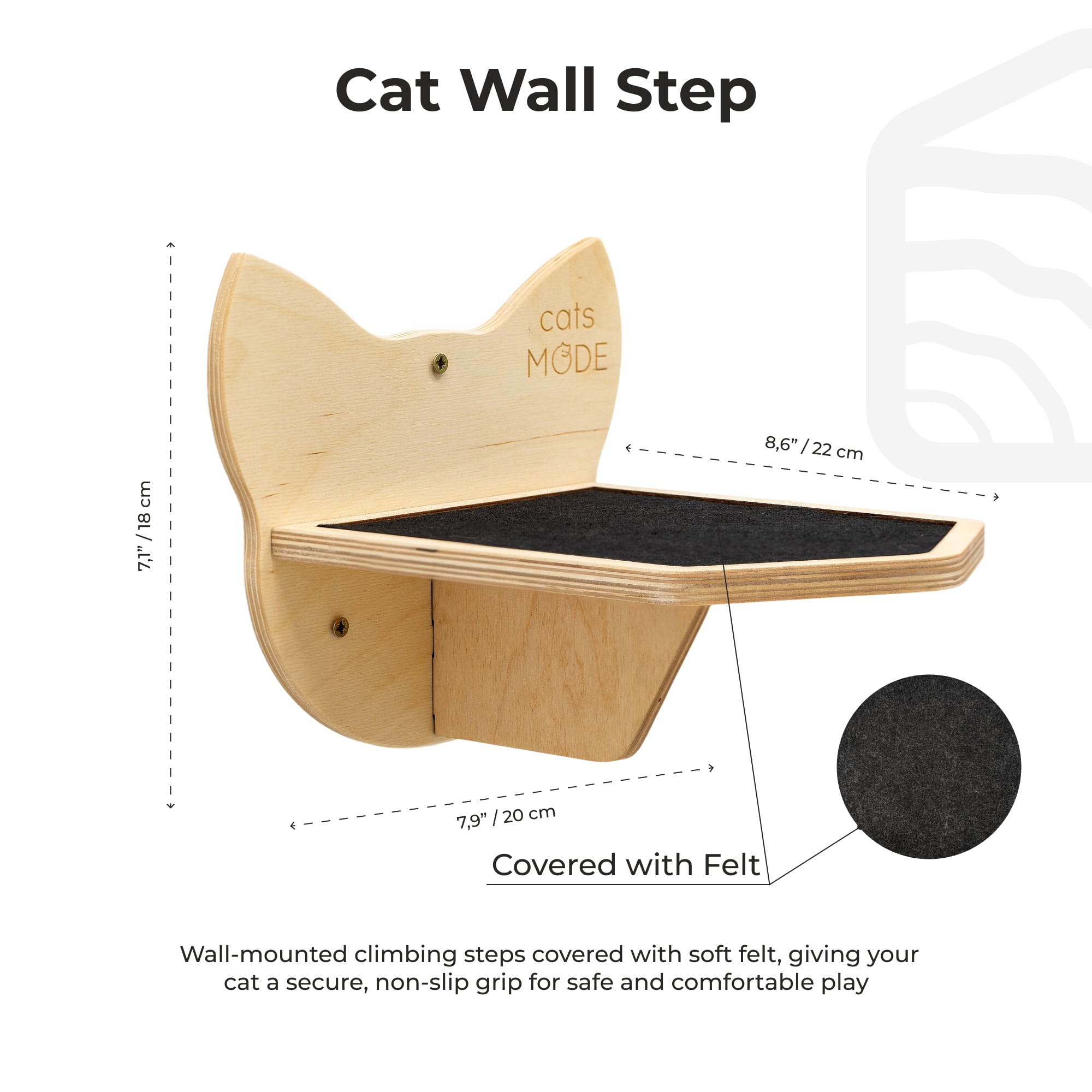 Wooden cat wall step with dimensions and felt coverage details on a white background