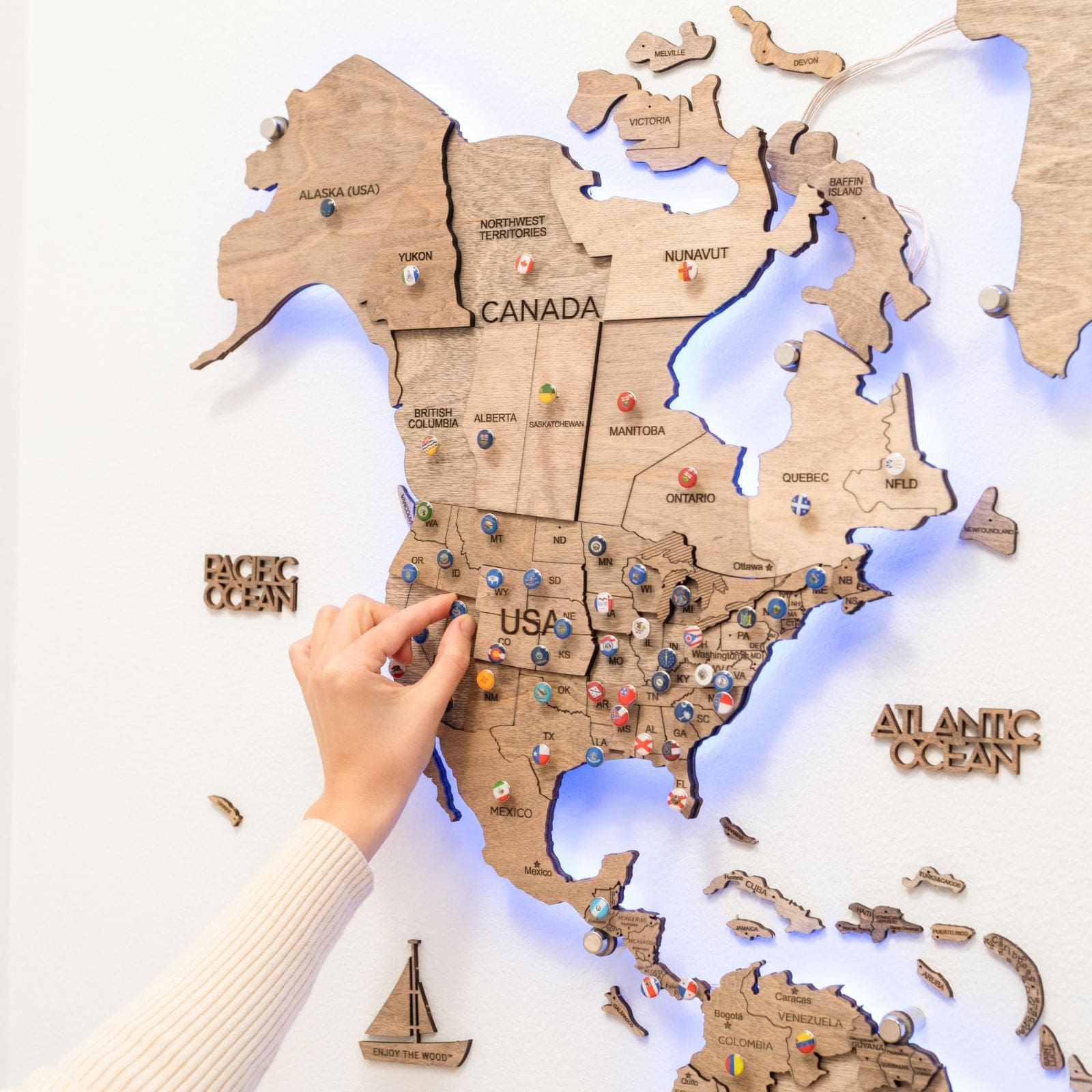 wooden world map with led