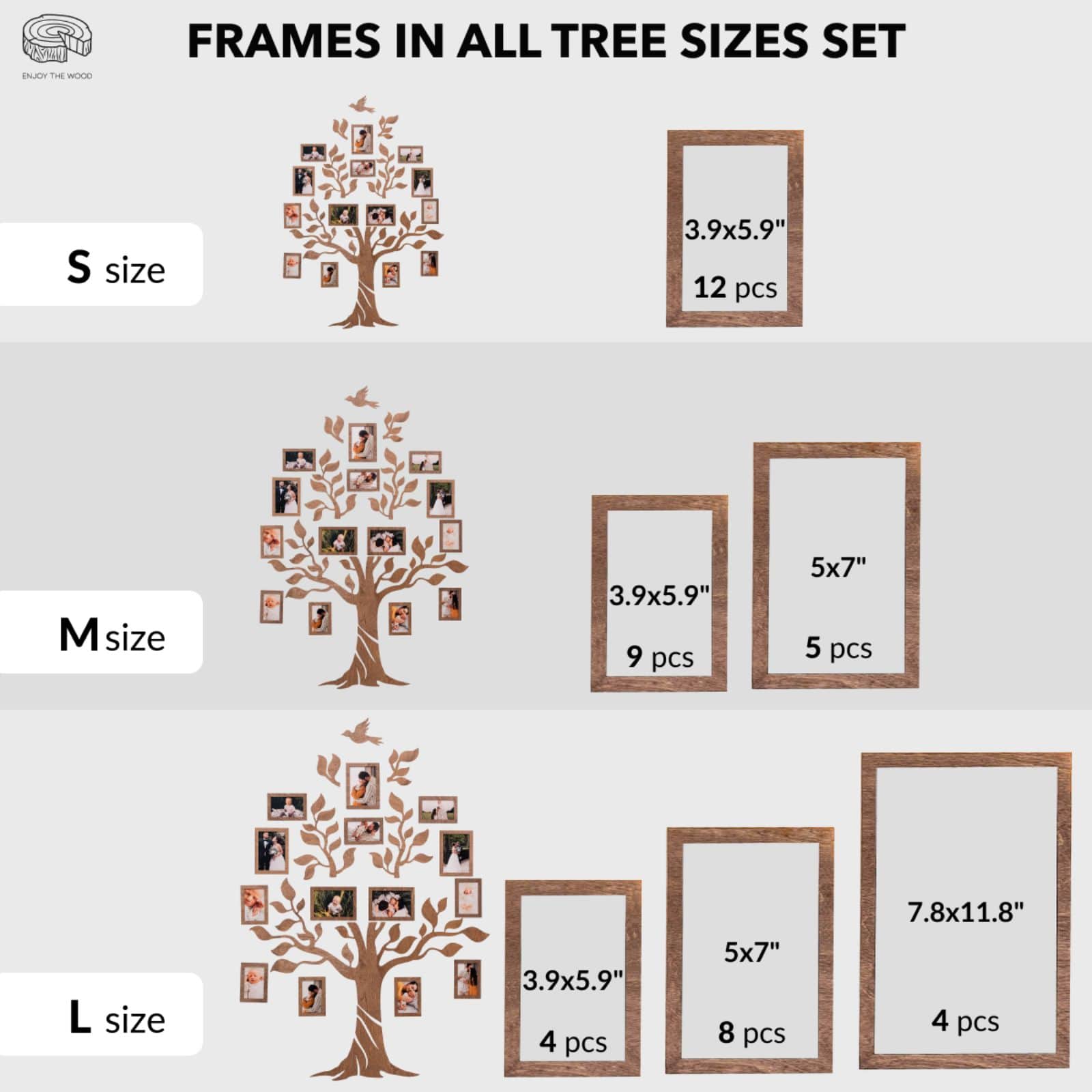 Comparison of frame sizes and quantities for small, medium, and large wooden photo trees.