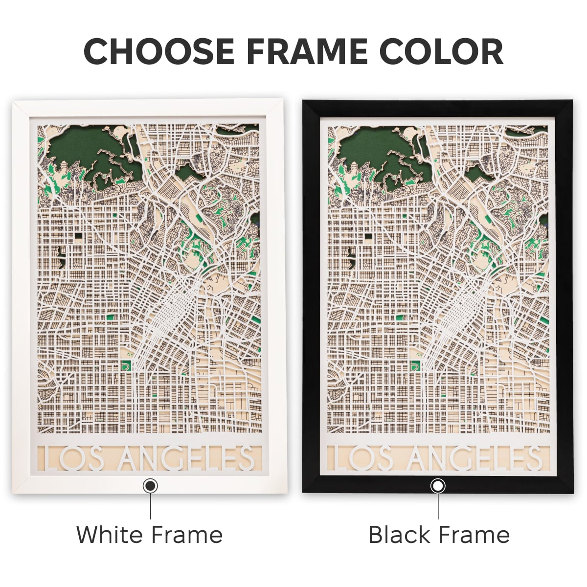Two map prints of Los Angeles with white and black frames on a plain background.