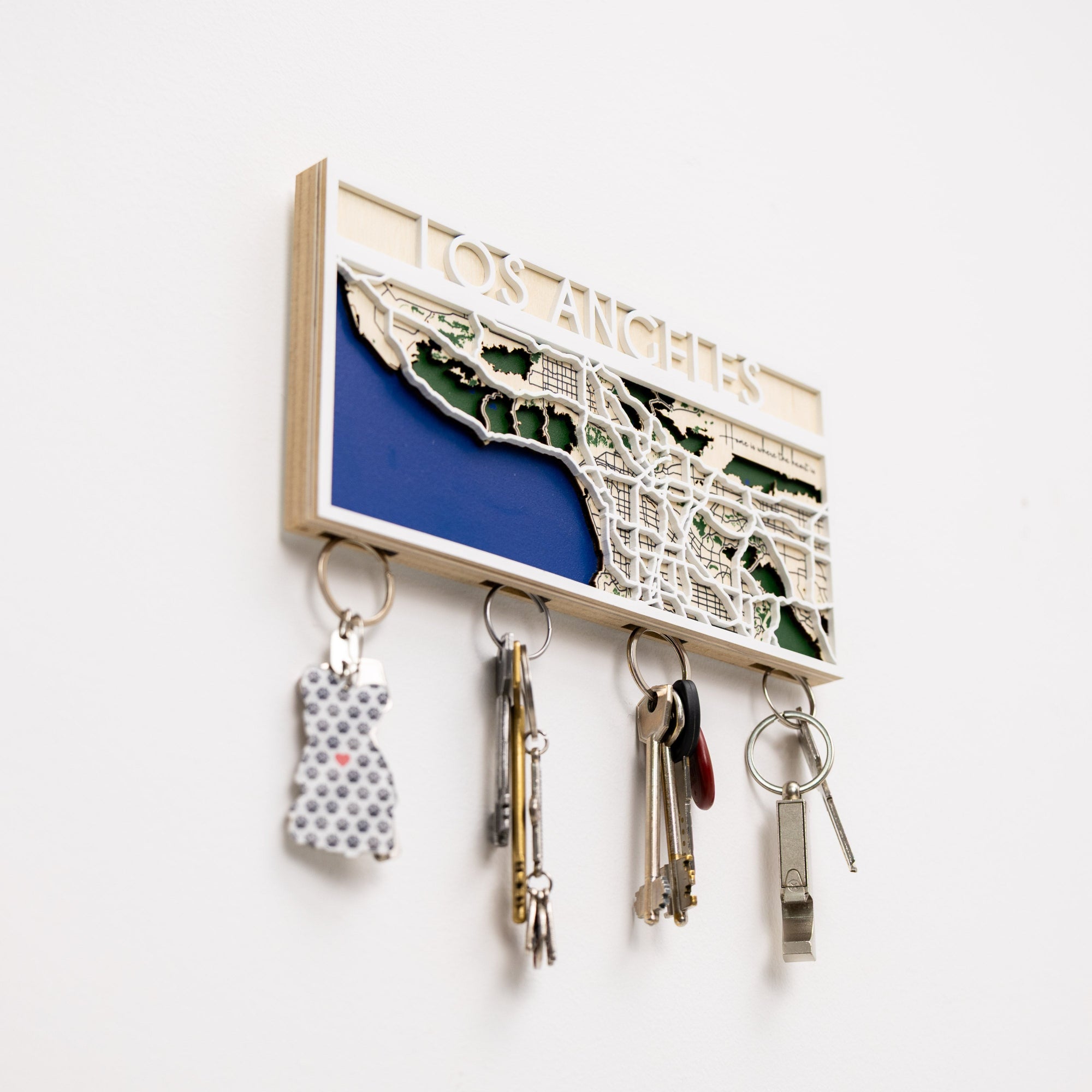 Key holder with a map design of Los Angeles on a white background